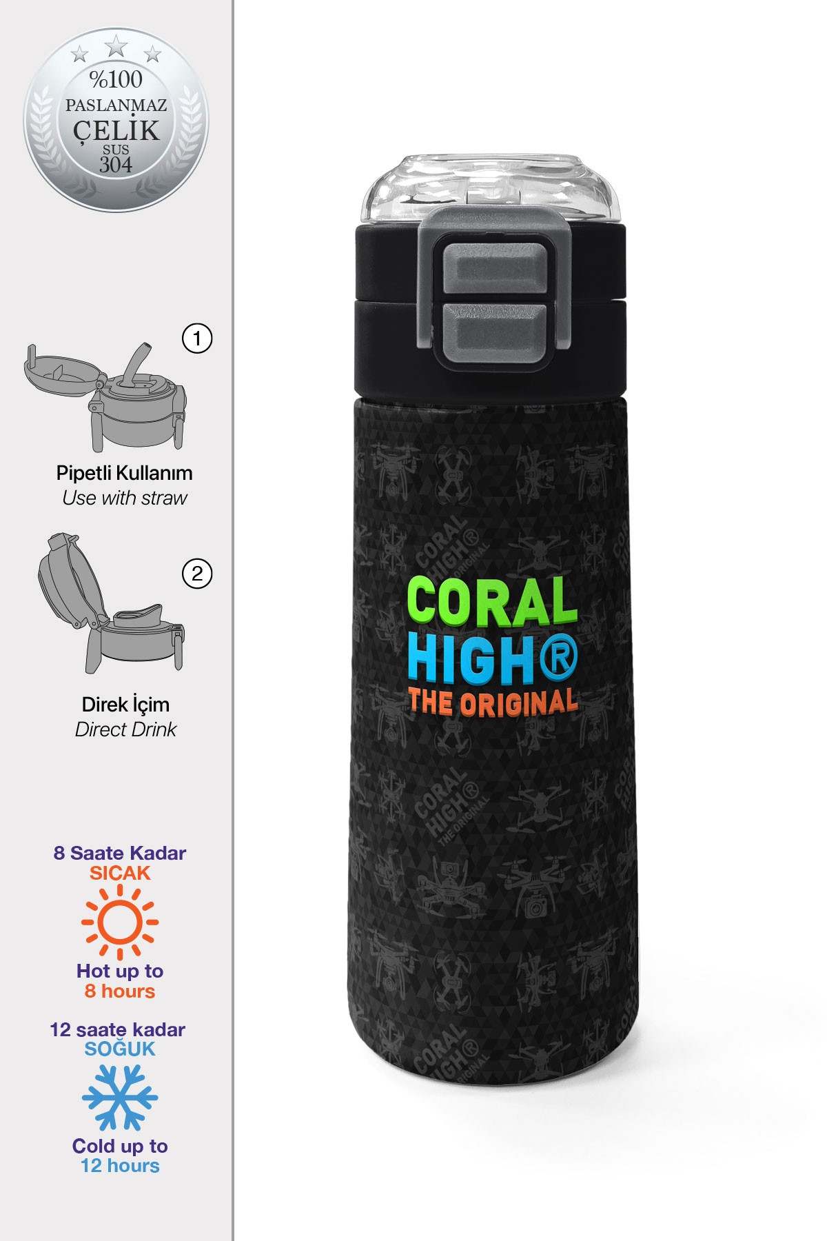 Coral High Kids Siyah Drone Desenli Pipetli ve Direkt İçim Çelik Termos 500 ml 31891