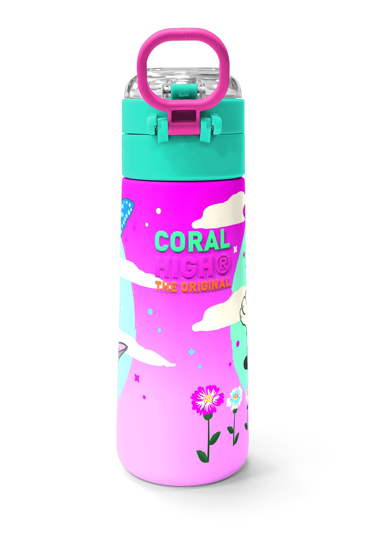Coral High Kids Su Yeşili Pembe Kedi Desenli Pipetli ve Direkt İçim Çelik Termos 500 ml 31796