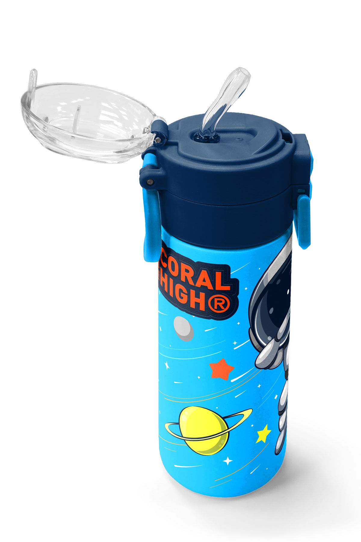 Coral High Kids Lacivert Mavi Astronot Desenli Pipetli ve Direkt İçim Çelik Termos 500 ml 31804