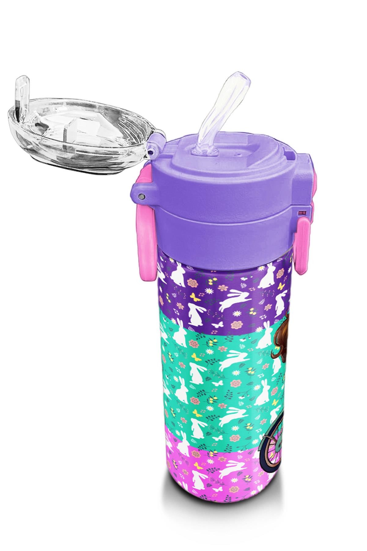 Coral High Kids Mor Pembe Bisikletli Kız Desenli Pipetli ve Direkt İçim Çelik Termos 500 ml 31797