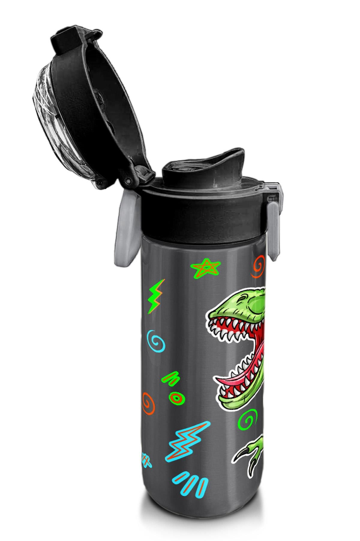 Coral High Kids Siyah Gri Dinozor Desenli Pipetli ve Direkt İçim Çelik Termos 500 ml 31946