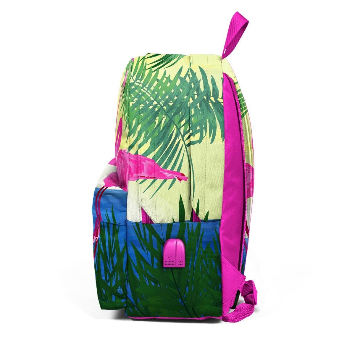Coral High Pembe Flamingo Desenli Üç Bölmeli USB Şarjlı Kulaklık Çıkışlı Sırt Çantası 23424