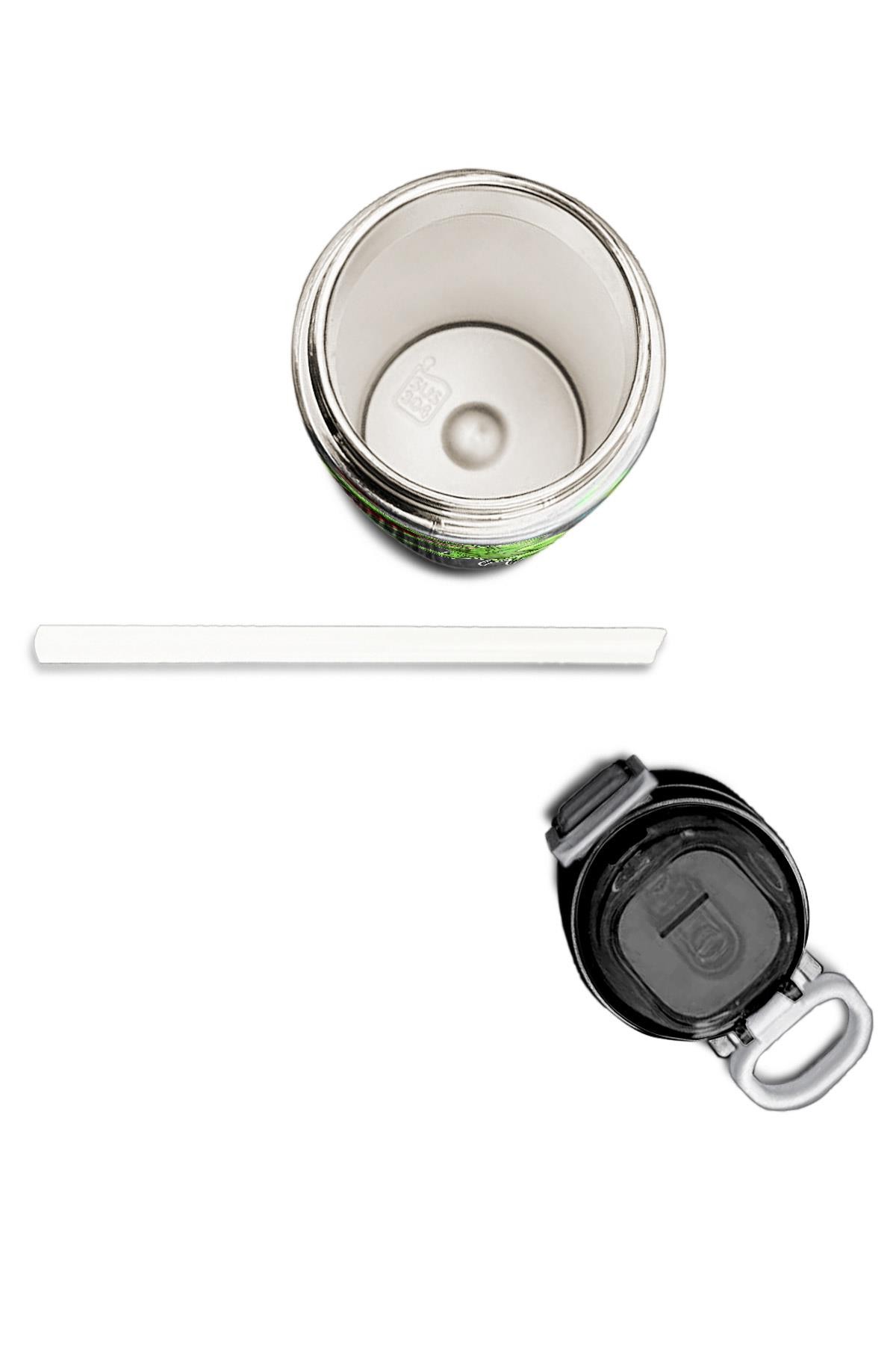 Coral High Kids Siyah Gri Dinozor Desenli Pipetli ve Direkt İçim Çelik Termos 500 ml 31946