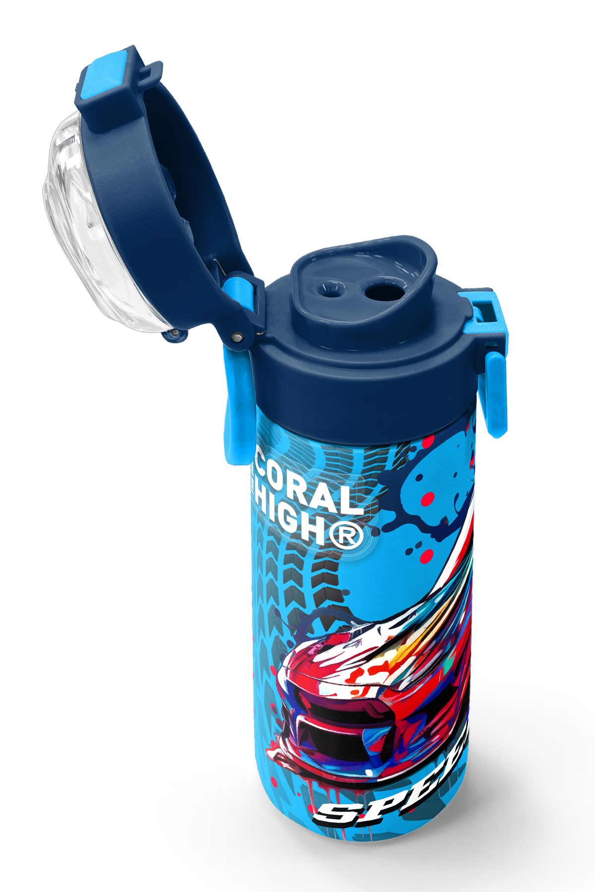 Coral High Kids Gri Mavi Yarış Arabası Desenli Pipetli ve Direkt İçim Çelik Termos 500 ml 31815