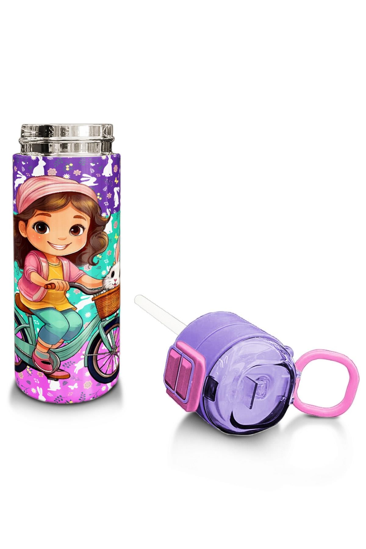 Coral High Kids Mor Pembe Bisikletli Kız Desenli Pipetli ve Direkt İçim Çelik Termos 500 ml 31797