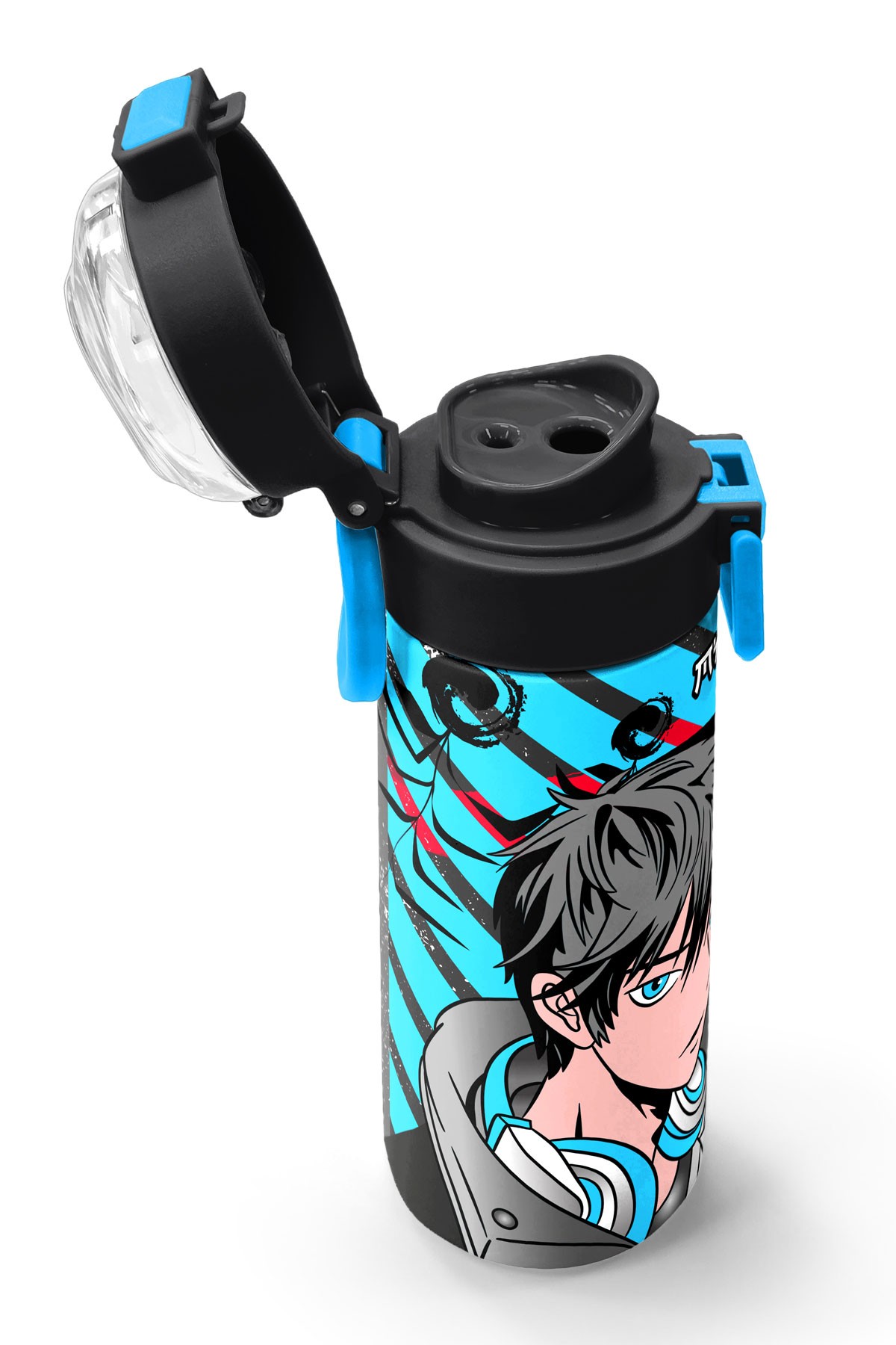 Coral High Kids Siyah Mavi Anime Desenli Pipetli ve Direkt İçim Çelik Termos 500 ml 31840