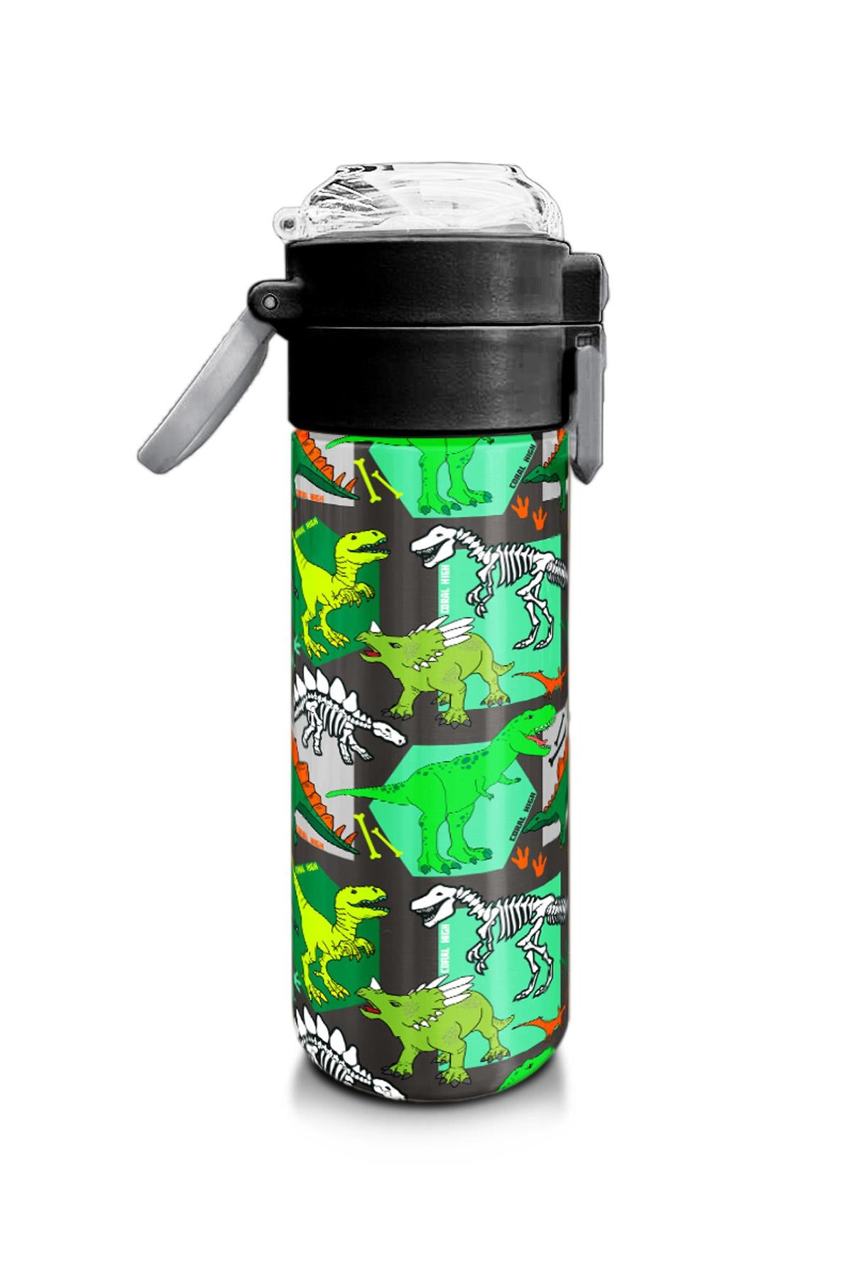 Coral High Kids Gri Yeşil Dinozor Desenli Pipetli ve Direkt İçim Çelik Termos 500 ml 31976