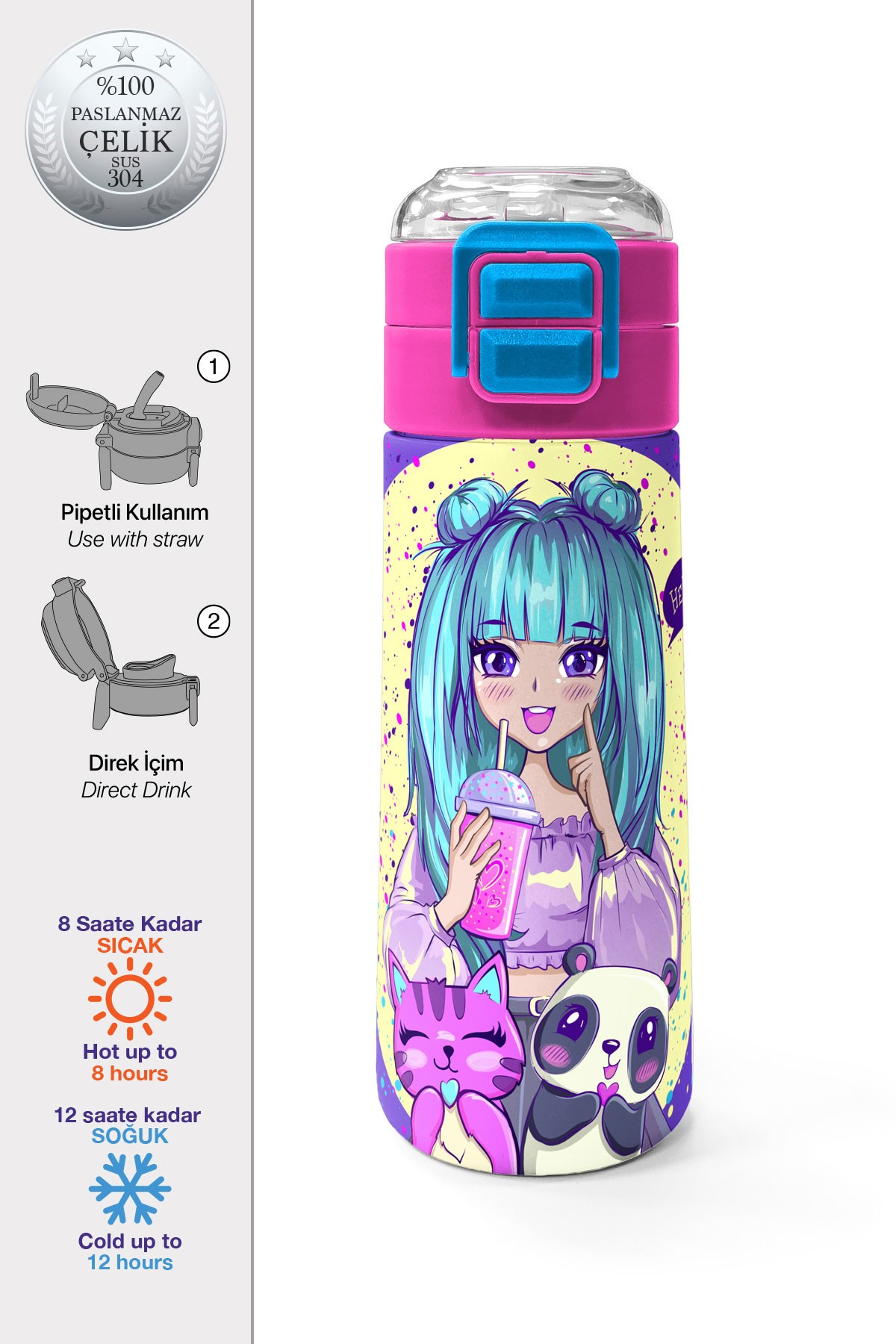 Coral High Kids Mor Pembe Anime Kız Desenli Pipetli ve Direkt İçim Çelik Termos 500 ml 31942