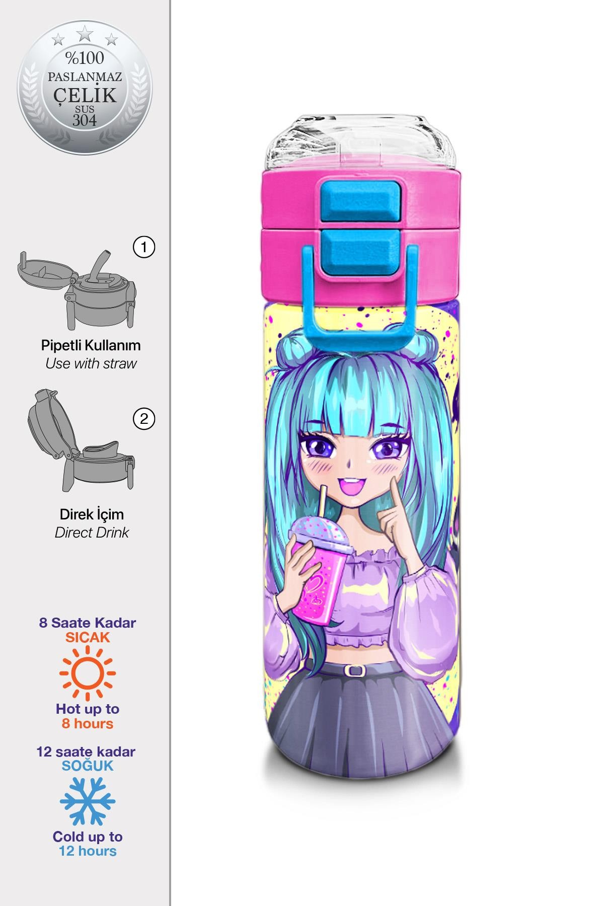 Coral High Kids Mor Pembe Anime Kız Desenli Pipetli ve Direkt İçim Çelik Termos 500 ml 31942