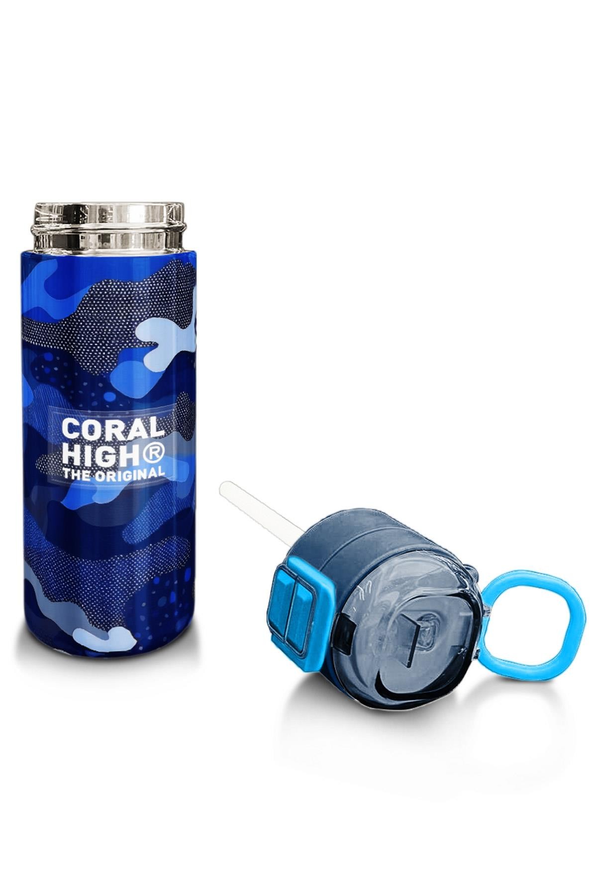 Coral High Kids Lacivert Saks Kamuflaj Desenli Pipetli ve Direkt İçim Çelik Termos 500 ml 31889