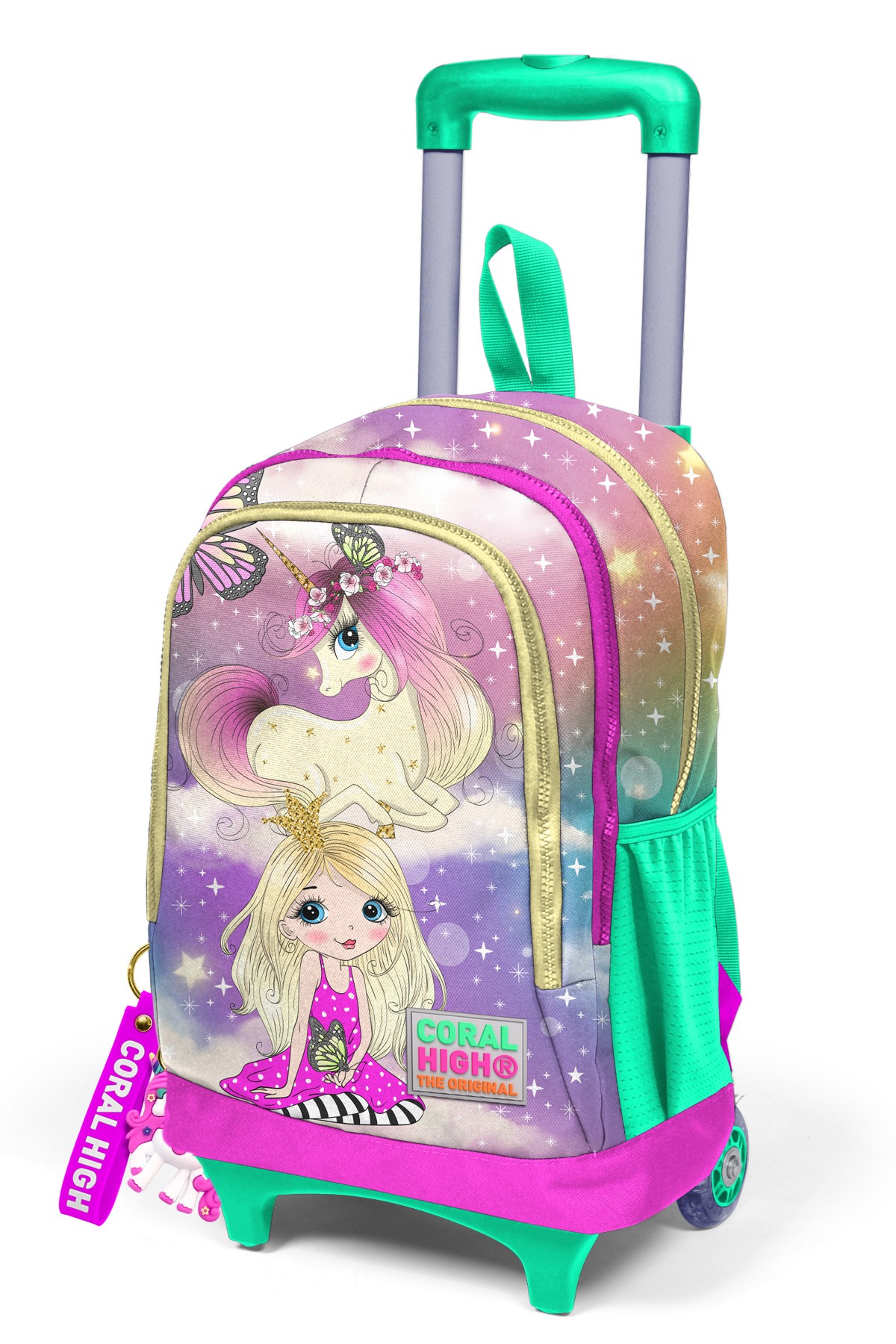 Coral High Kids Pembe Su Yeşili Unicornlu Kız Desenli Üç Bölmeli Çekçekli Okul Sırt Çantası 23933