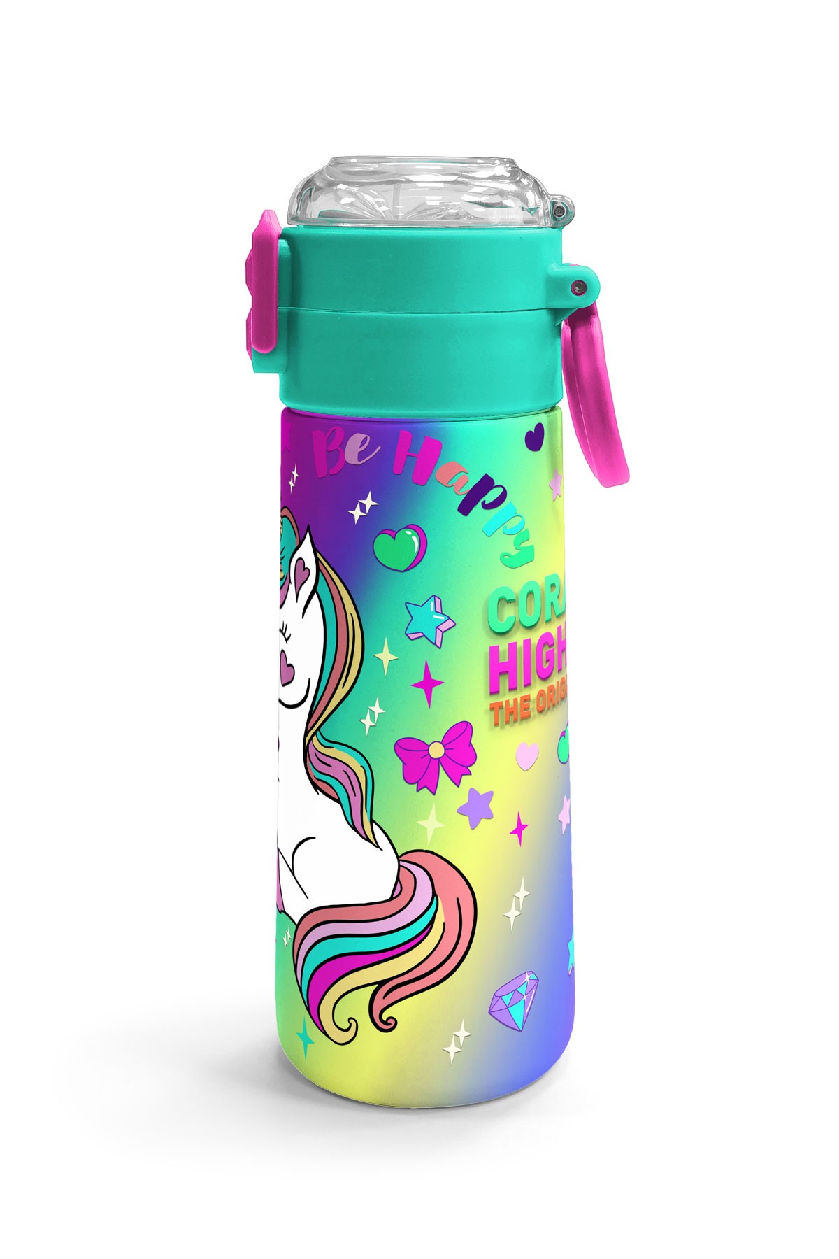 Coral High Kids Lavanta Su Yeşili Unicorn Desenli Pipetli ve Direkt İçim Çelik Termos 500 ml 31937