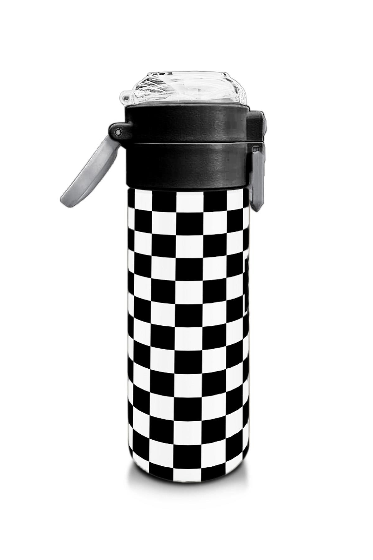 Coral High Kids Siyah Beyaz Dama Desenli Pipetli ve Direkt İçim Çelik Termos 500 ml 31877