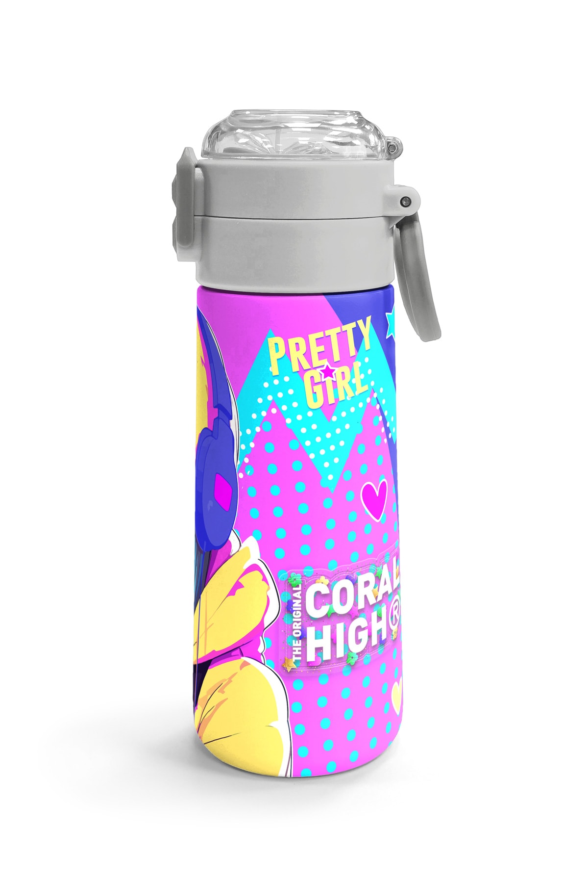 Coral High Kids Lavanta Turkuaz Kulaklı Kız Desenli Pipetli ve Direkt İçim Çelik Termos 500 ml 31835