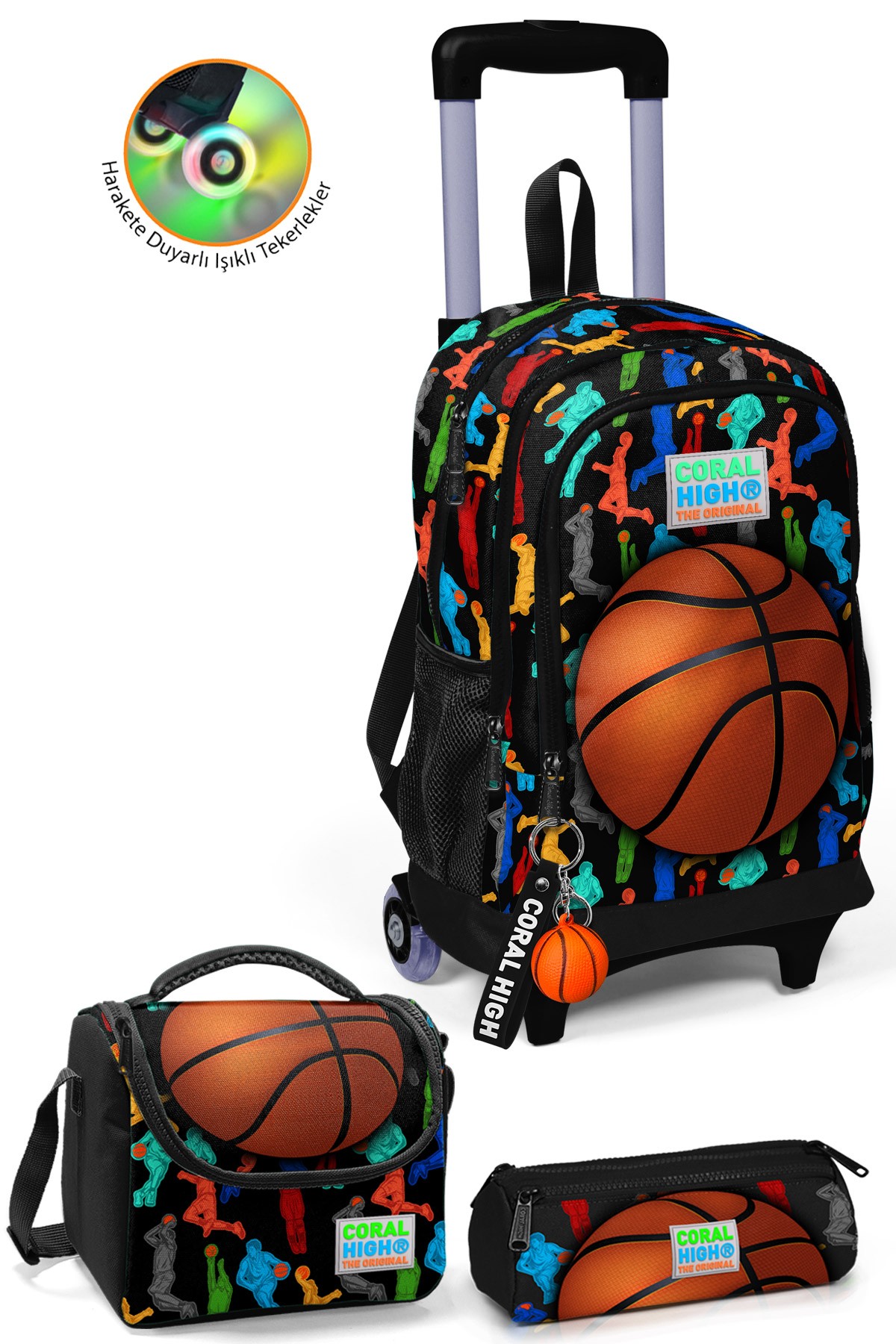 Coral High Kids Siyah Basketbol Desenli Çekçekli 3'lü Çanta Seti SET0123377