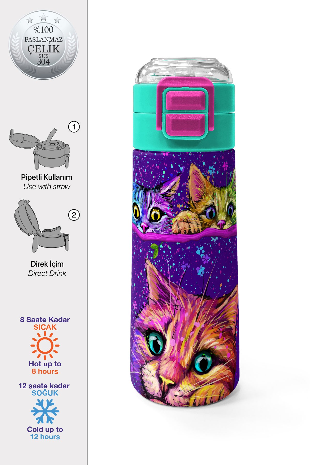 Coral High Kids Mor Pembe Kedi Desenli Pipetli ve Direkt İçim Çelik Termos 500 ml 31939