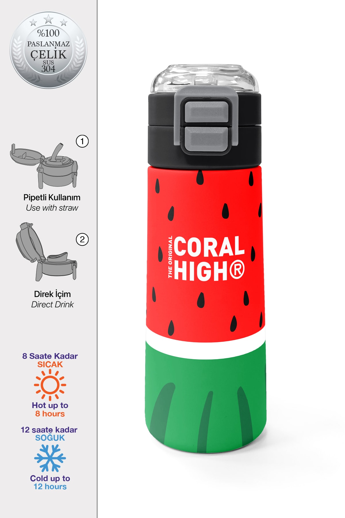 Coral High Kids Kırmızı Yeşil Karpuz Desenli Pipetli ve Direkt İçim Çelik Termos 500 ml 31866