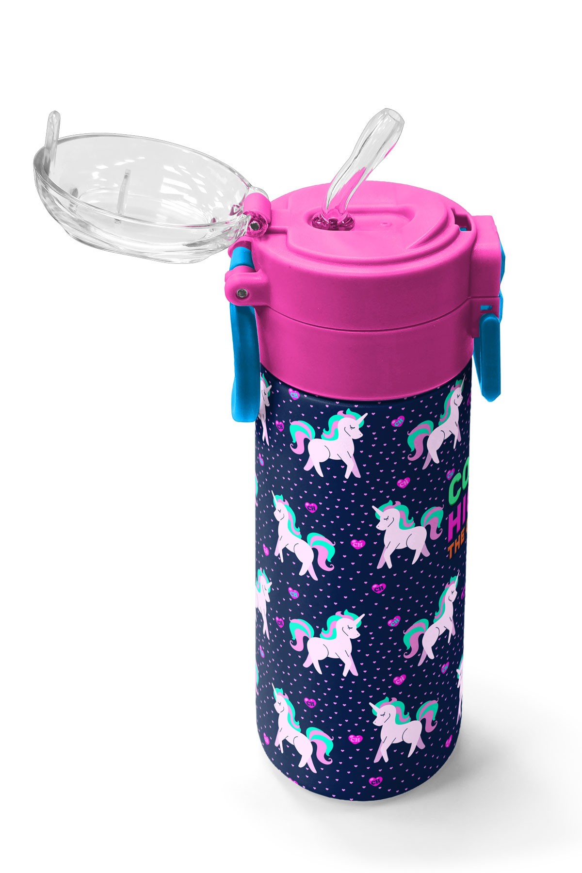 Coral High Kids Lacivert Pembe Unicorn Desenli Pipetli ve Direkt İçim Çelik Termos 500 ml 31915