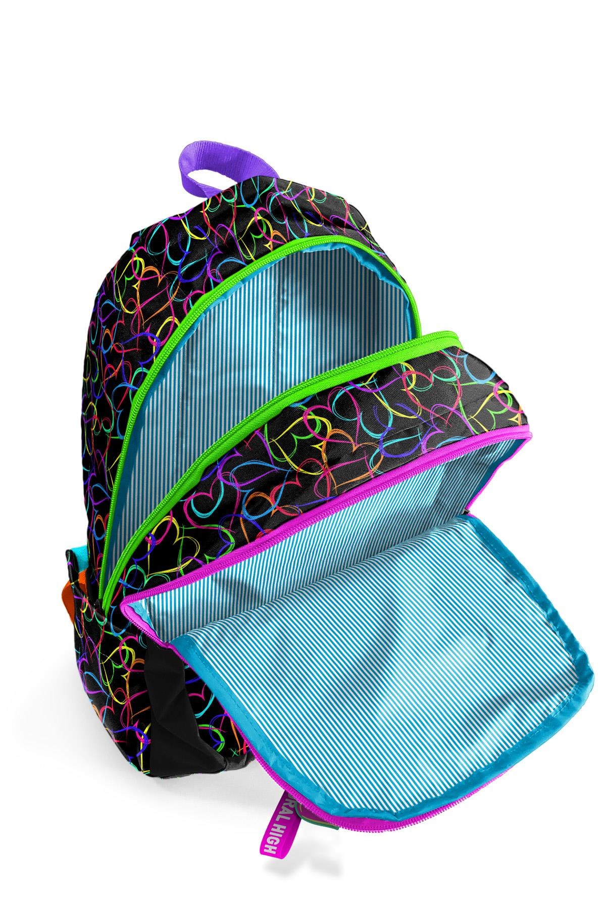 Coral High Kids Çok Renkli Kalp Desenli Üç Bölmeli Okul Sırt Çantası 23670