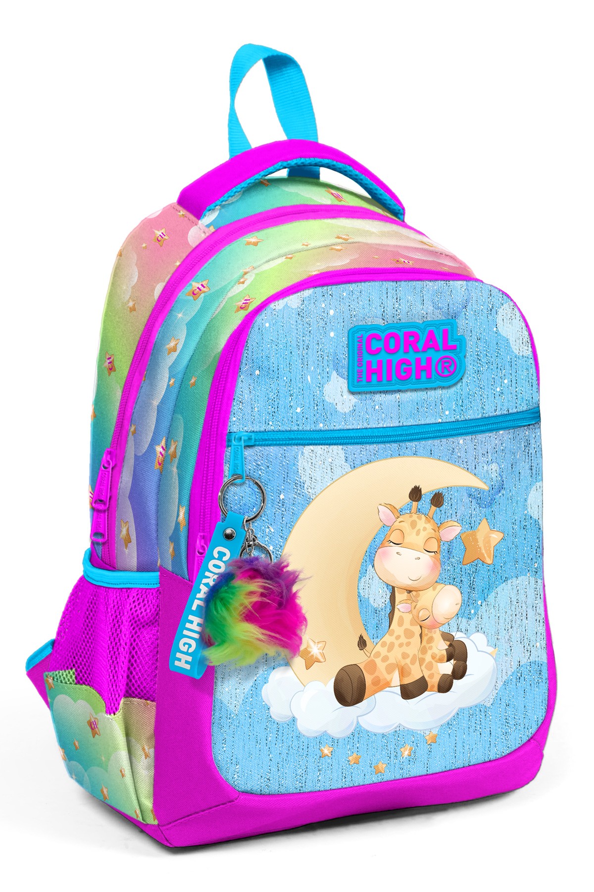 Coral High Kids Mavi Pembe Zürafa Desenli Üç Bölmeli Okul Sırt Çantası 23479