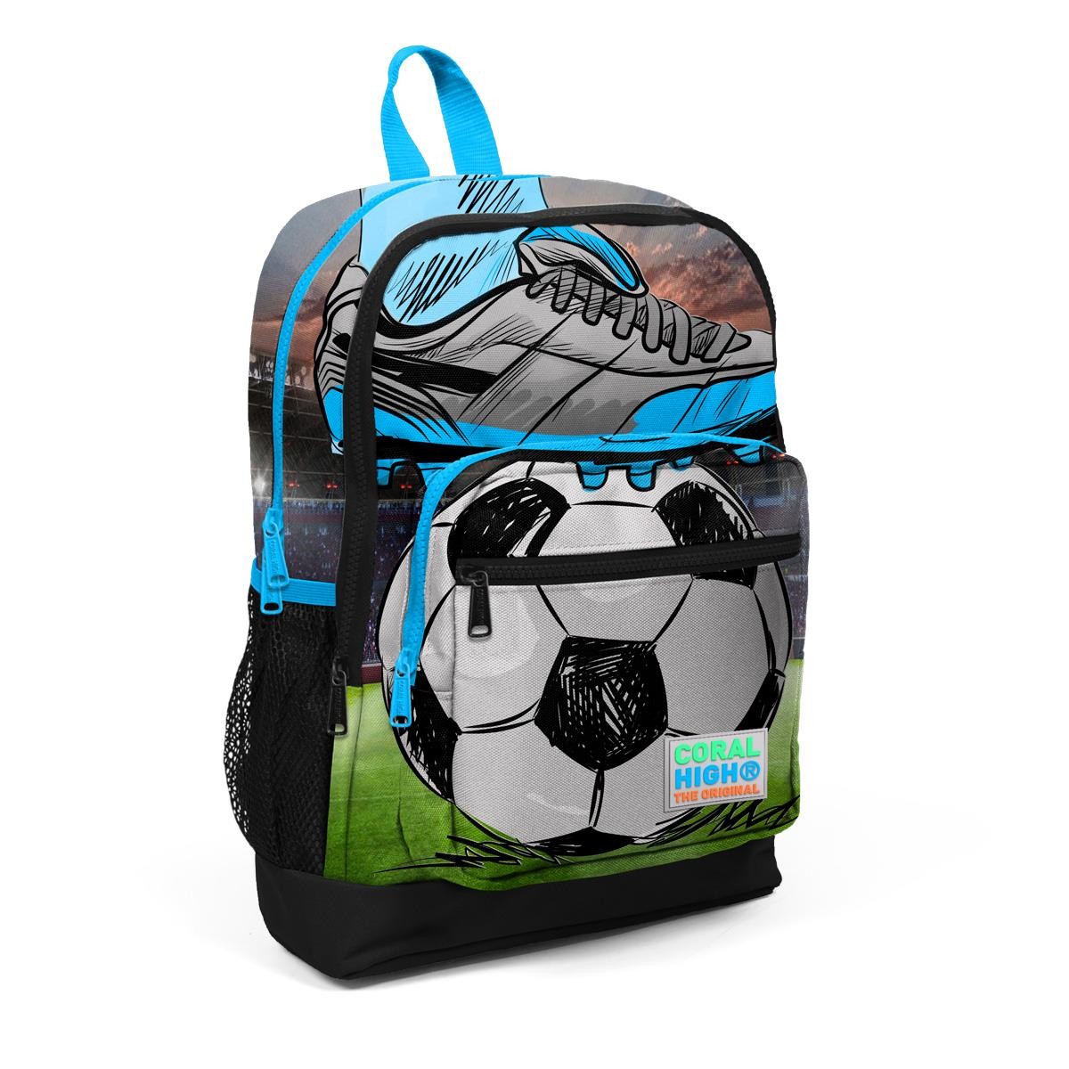 Coral High Kids Siyah Mavi Futbol Desenli Dört Bölmeli Okul Sırt Çantası 23719