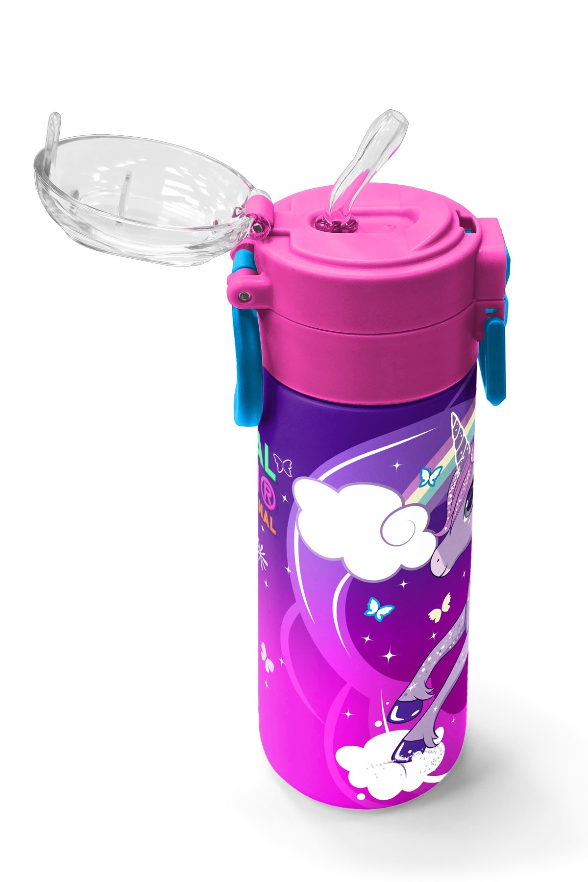 Coral High Kids Mor Pembe Unicorn Desenli Pipetli ve Direkt İçim Çelik Termos 500 ml 31923