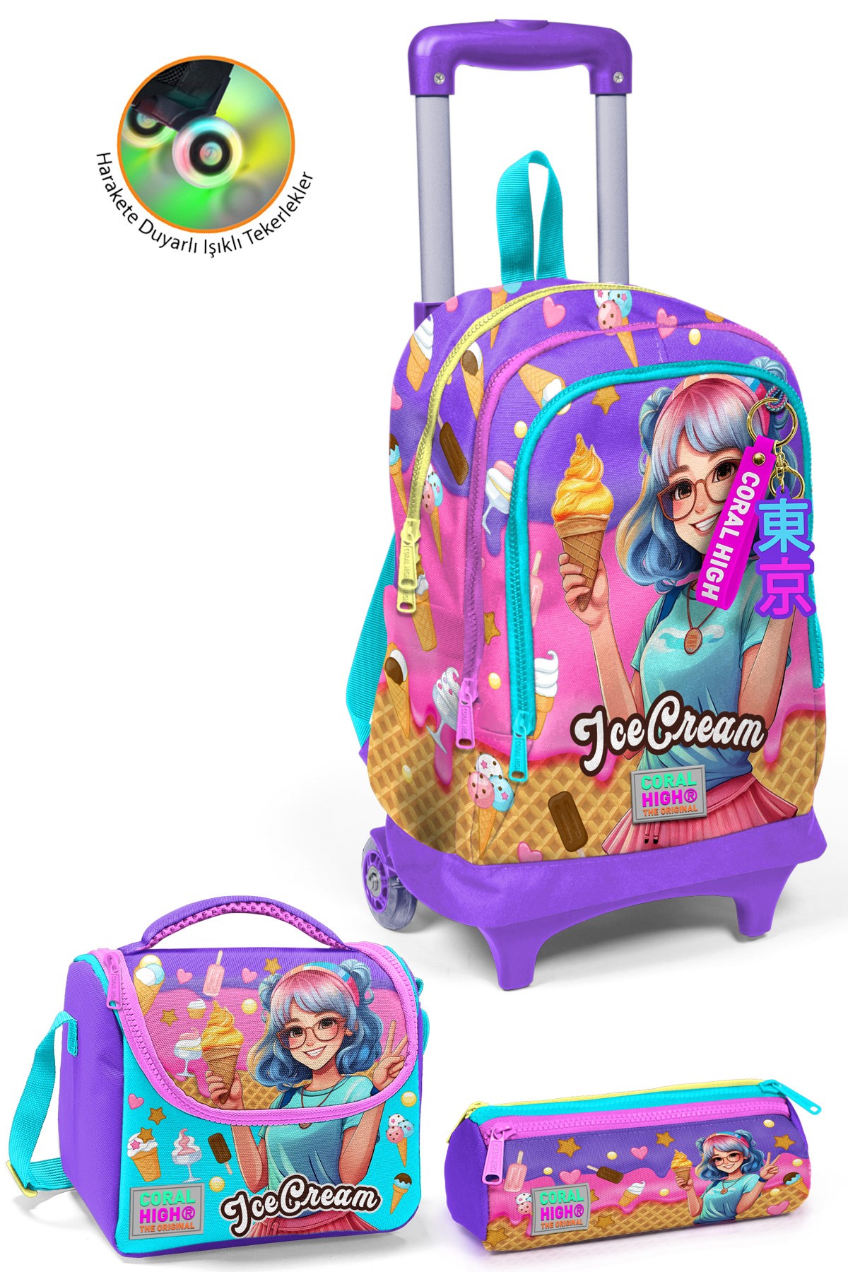 Coral High Kids Lila Turkuaz Dondurma ve Anime Desenli 3’lü Okul Çanta Seti SET0123973