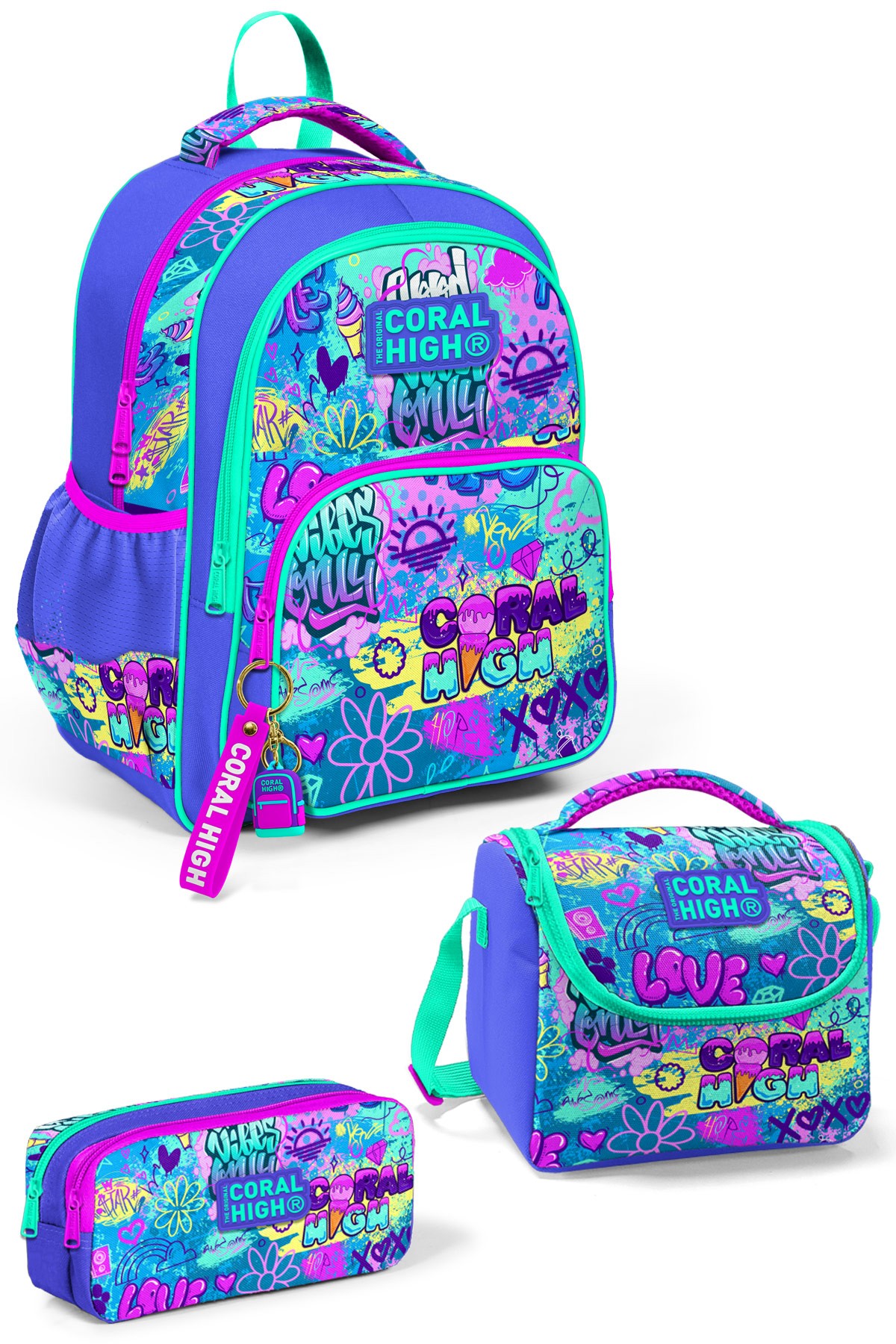 Coral High Kids Lavanta Su Yeşili Grafiti Desenli 3'lü Okul Çanta Seti SET0114414