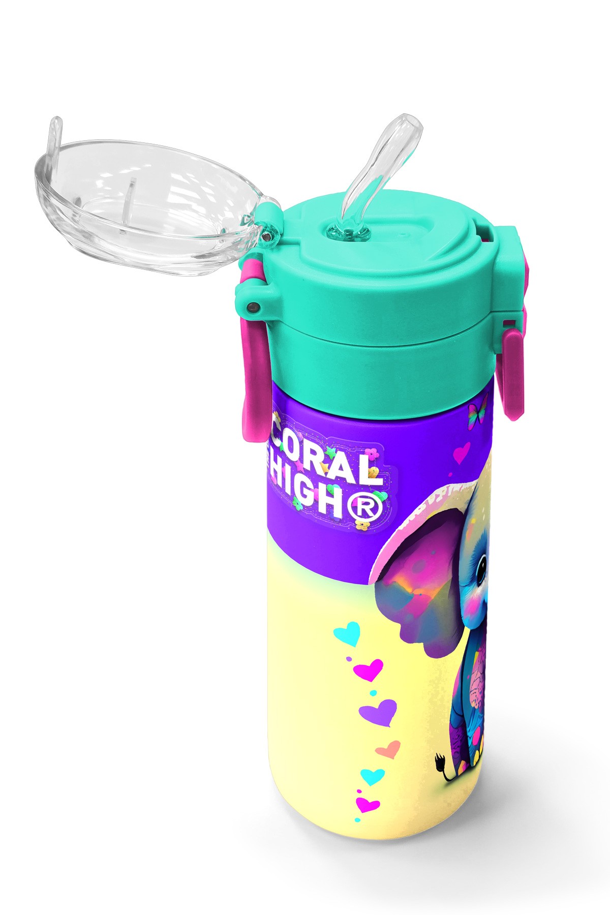 Coral High Kids Pembe Turkuaz Fil Desenli Pipetli ve Direkt İçim Çelik Termos 500 ml 31814