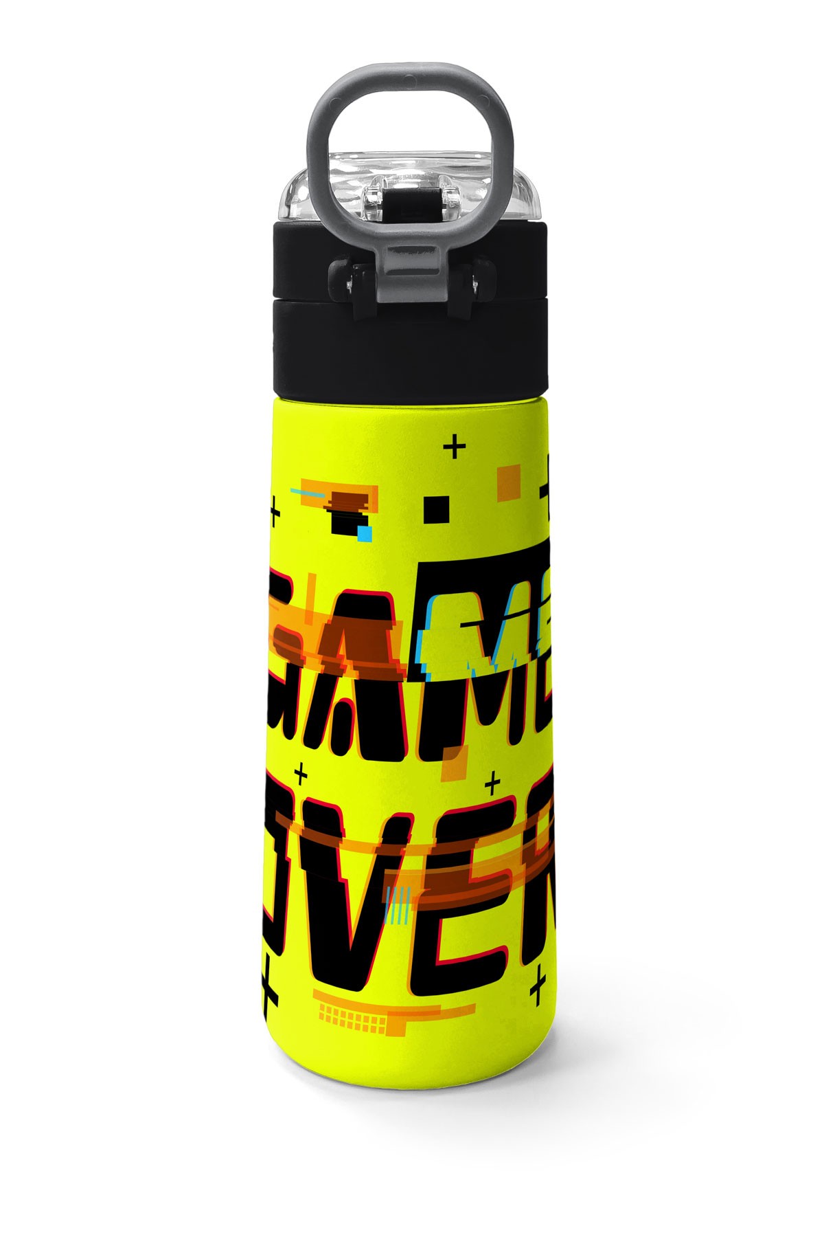 Coral High Kids Siyah Neon Sarı Game Over Desenli Pipetli ve Direkt İçim Çelik Termos 500 ml 31936