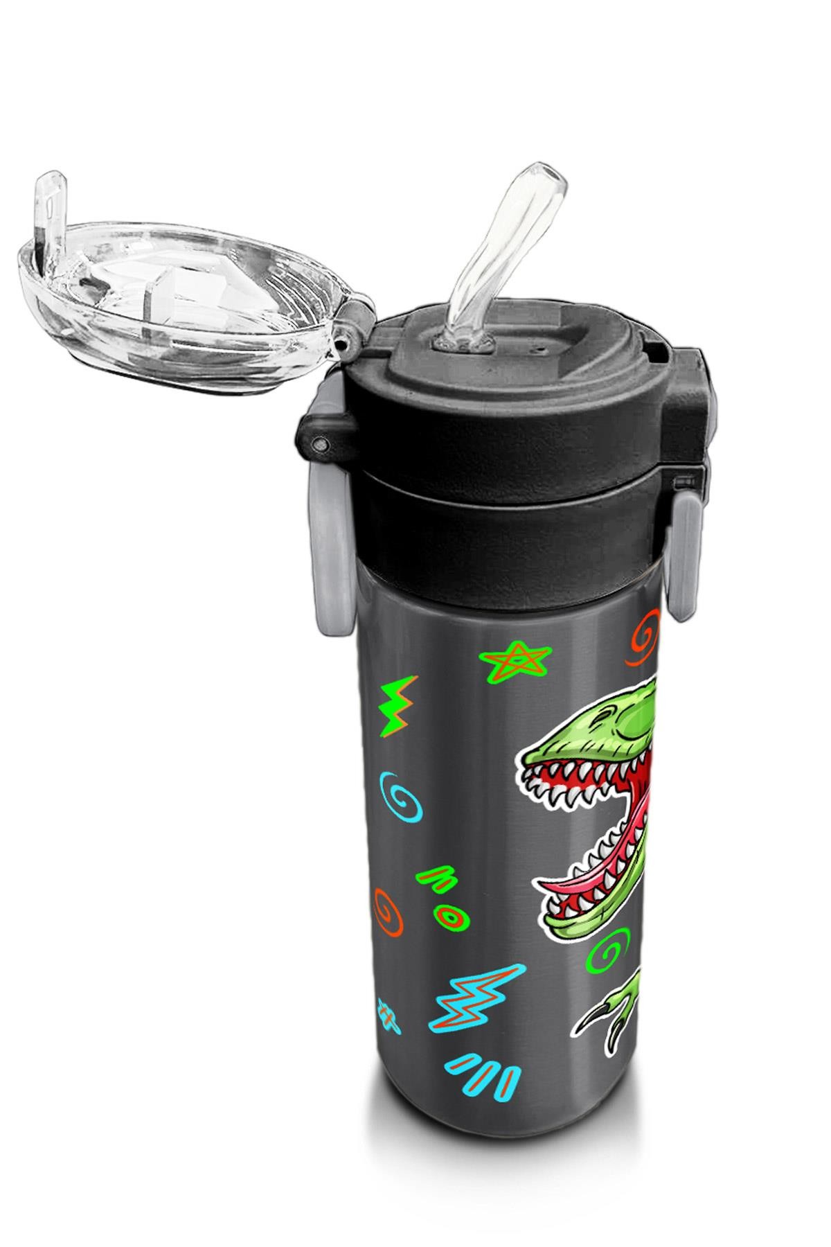 Coral High Kids Siyah Gri Dinozor Desenli Pipetli ve Direkt İçim Çelik Termos 500 ml 31946