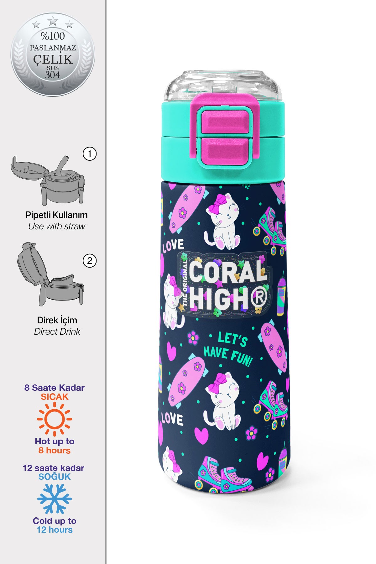 Coral High Kids Lacivert Pembe Kedili Paten Desenli Pipetli ve Direkt İçim Çelik Termos 500 ml 31983