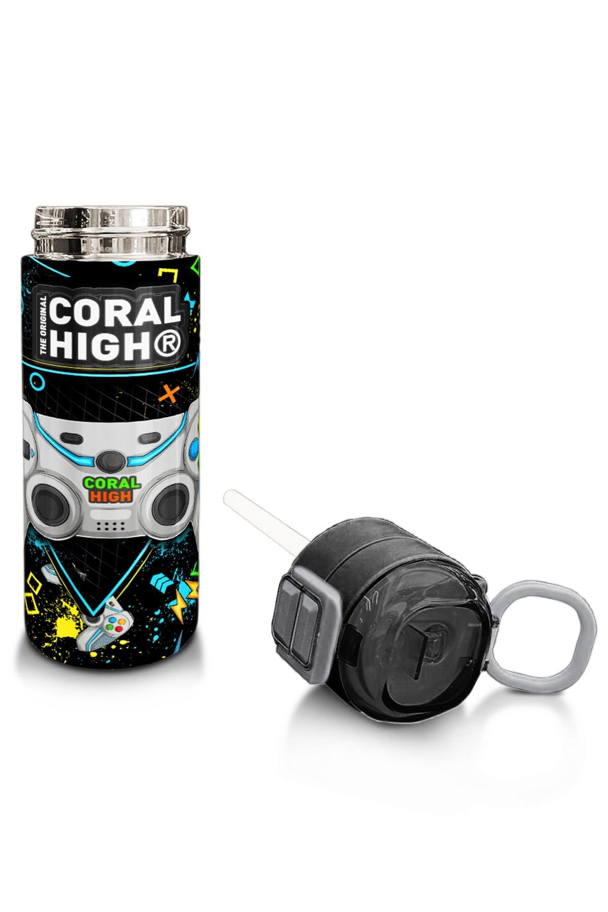 Coral High Kids Siyah Fosforlu Yeşil Gamer Desenli Pipetli ve Direkt İçim Çelik Termos 500 ml 31817