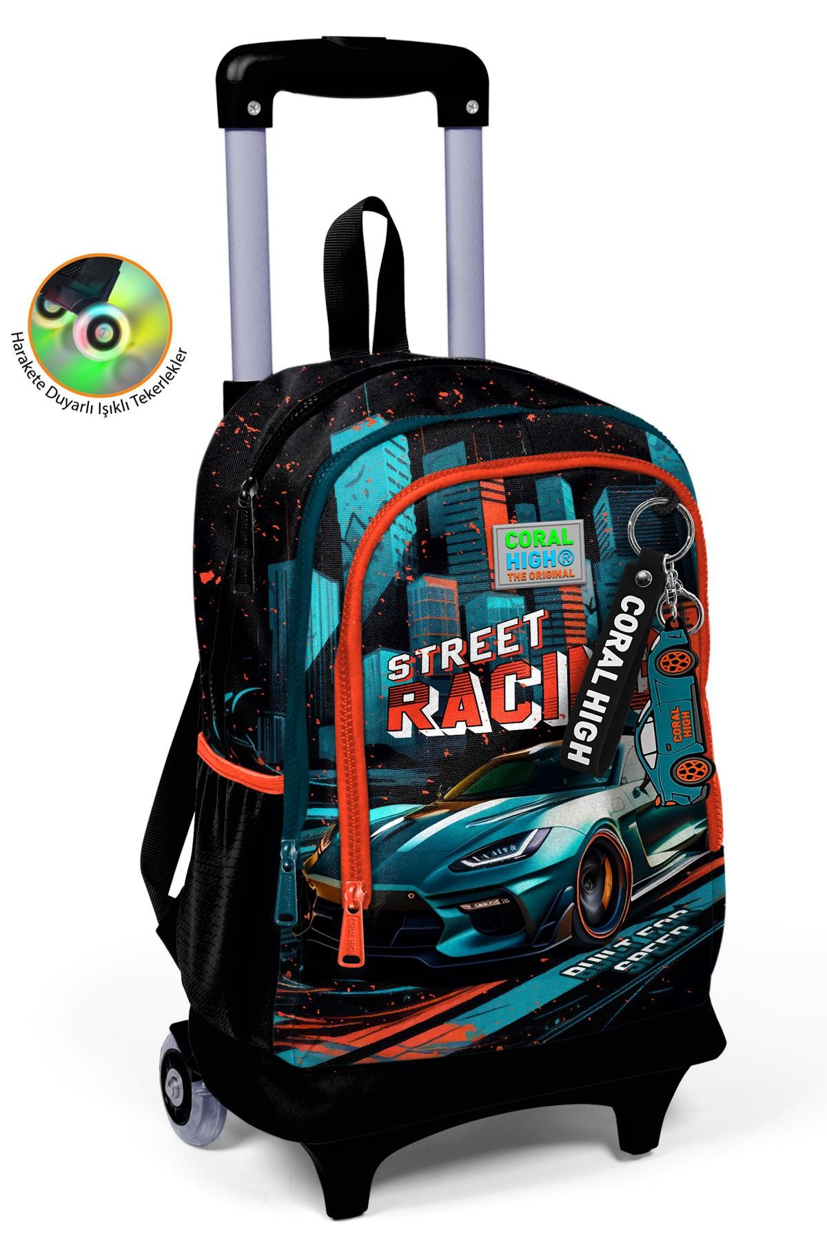 Coral High Kids Siyah Nefti Yarış Arabası Desenli Üç Bölmeli Çekçekli Okul Sırt Çantası 23965