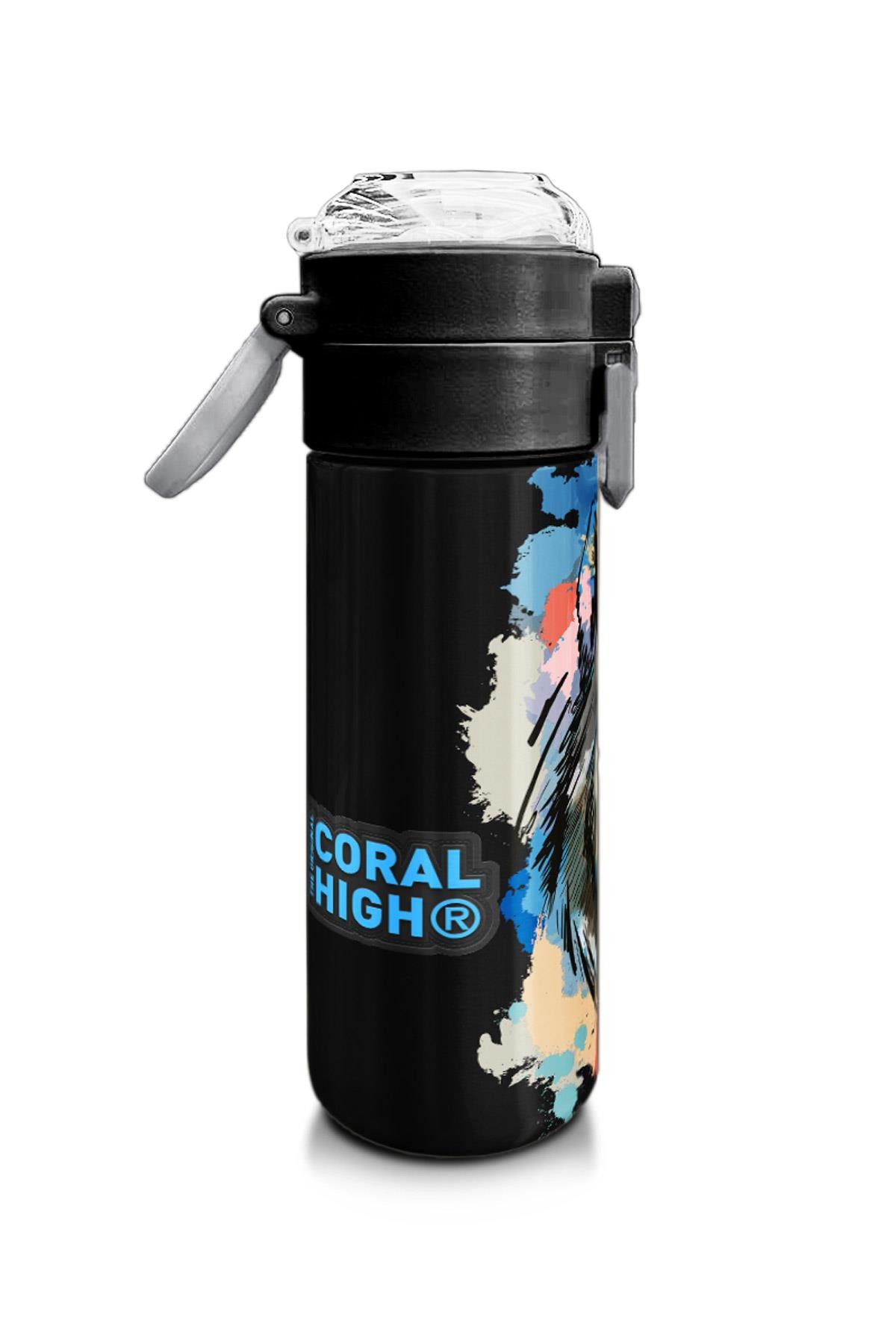 Coral High Kids Gri Siyah Kurt Desenli Pipetli ve Direkt İçim Çelik Termos 500 ml 31832
