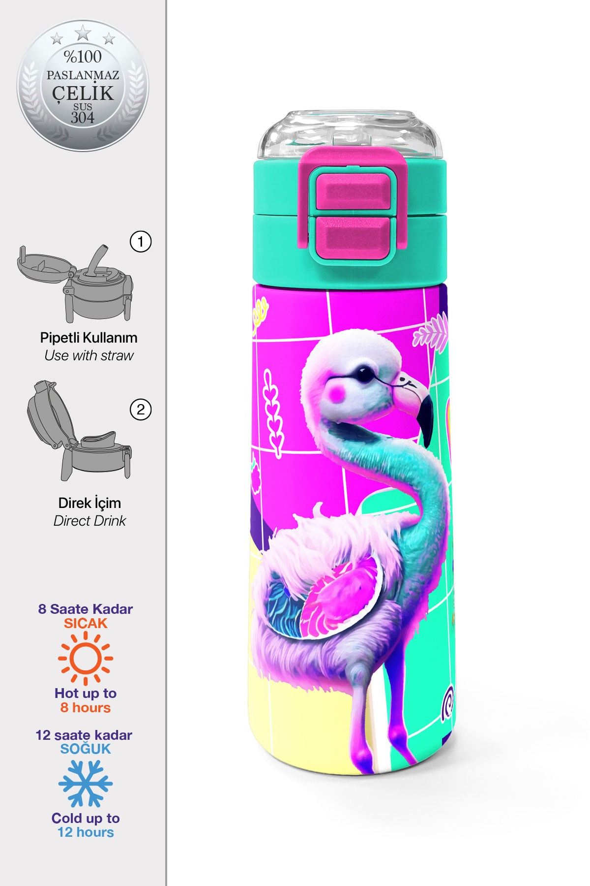 Coral High Kids Pembe Su Yeşili Flamingo Desenli Pipetli ve Direkt İçim Çelik Termos 500 ml 31811