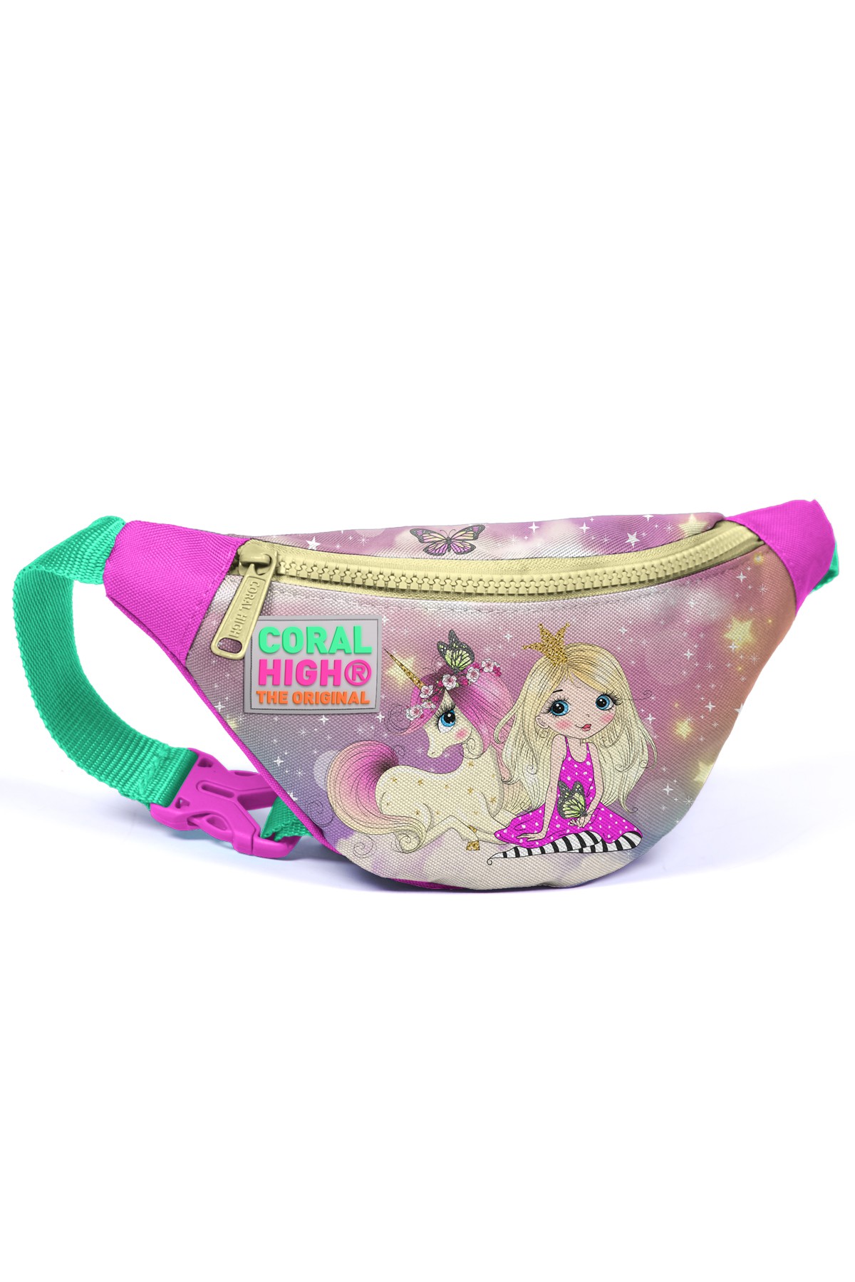 Coral High Kids Pembe Su Yeşili Unicornlu Kız Desenli Bel Çantası 12605