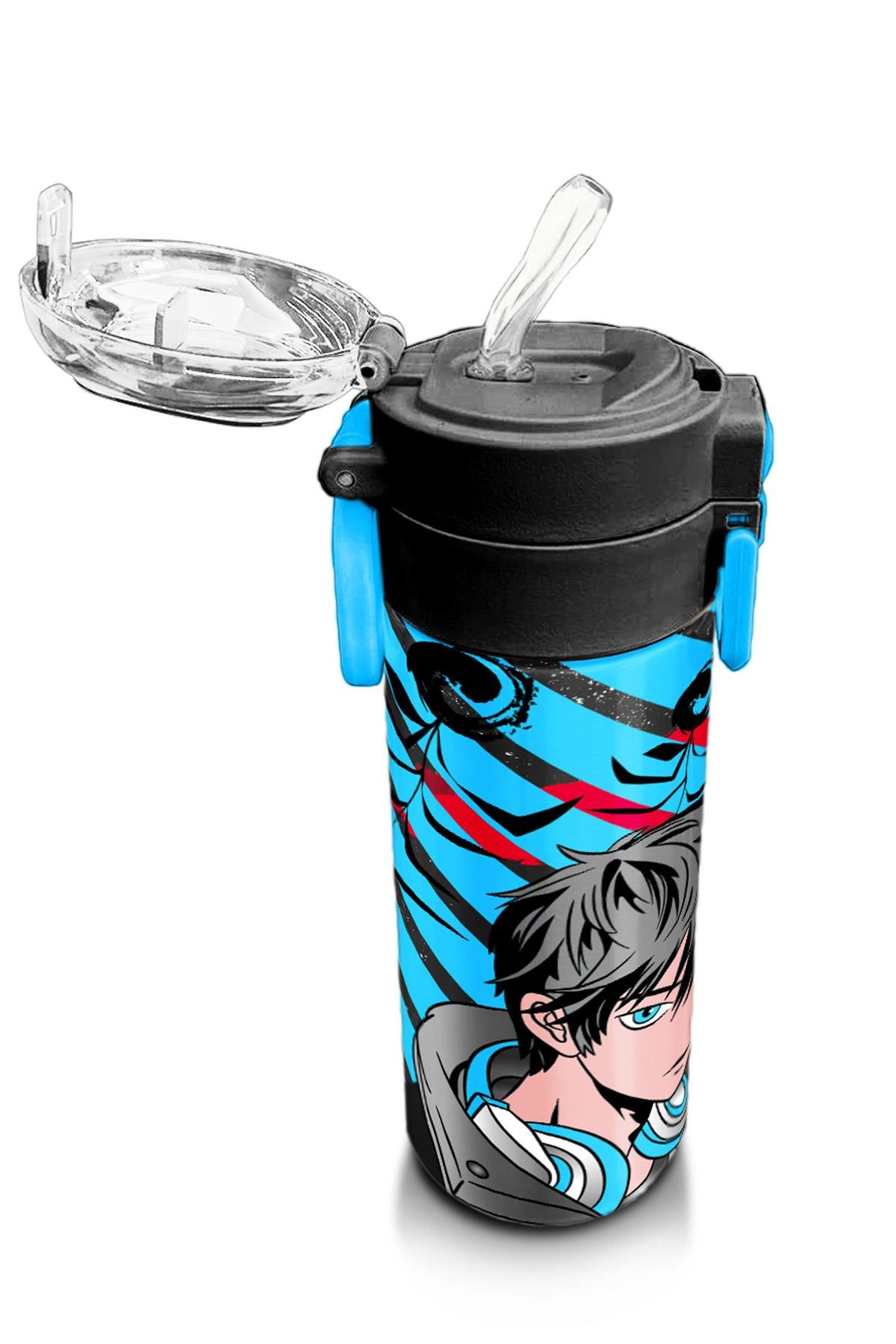 Coral High Kids Siyah Mavi Anime Desenli Pipetli ve Direkt İçim Çelik Termos 500 ml 31840