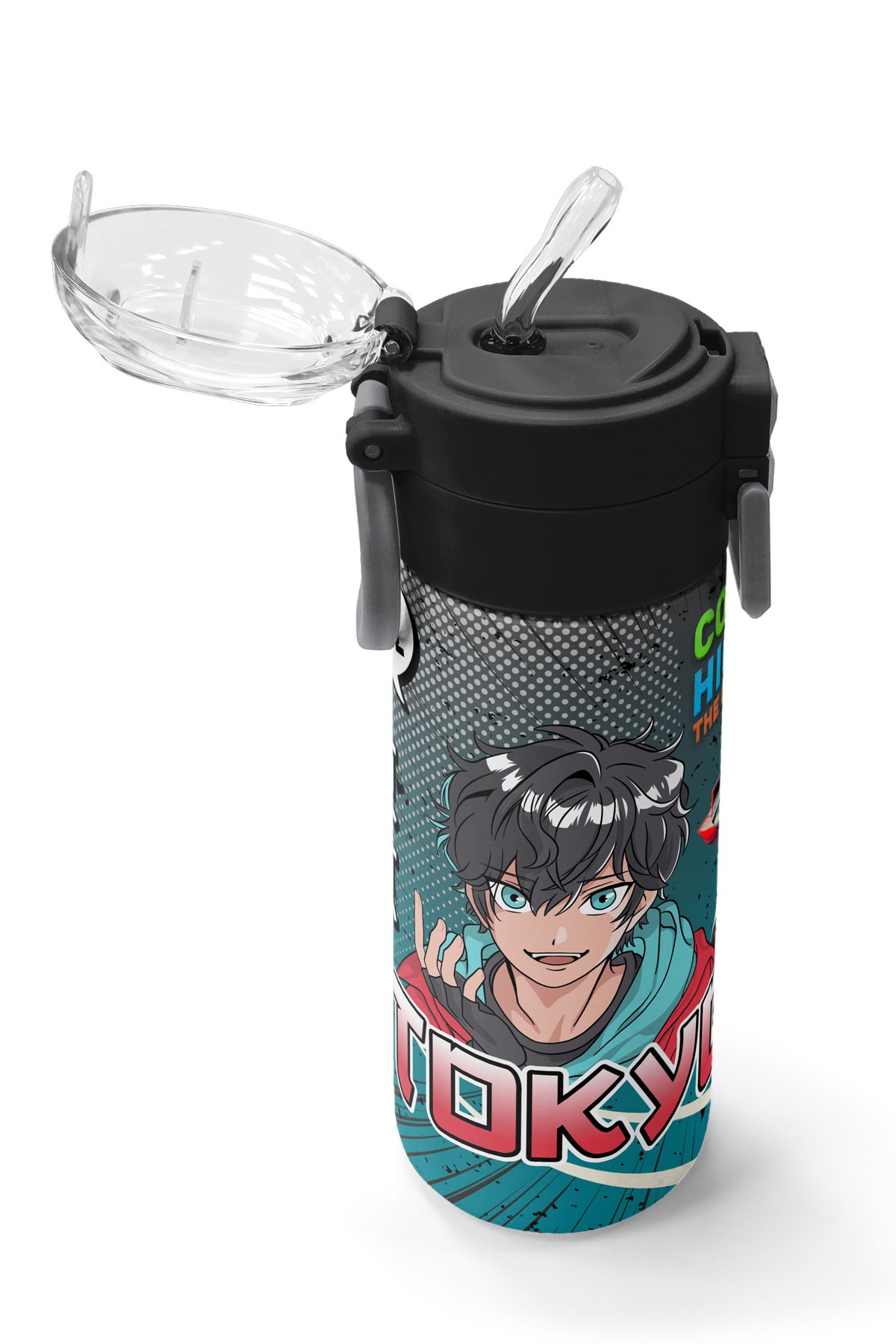 Coral High Kids Gri Nefti Anime Motorsiklet Desenli Pipetli ve Direkt İçim Çelik Termos 500 ml 31965