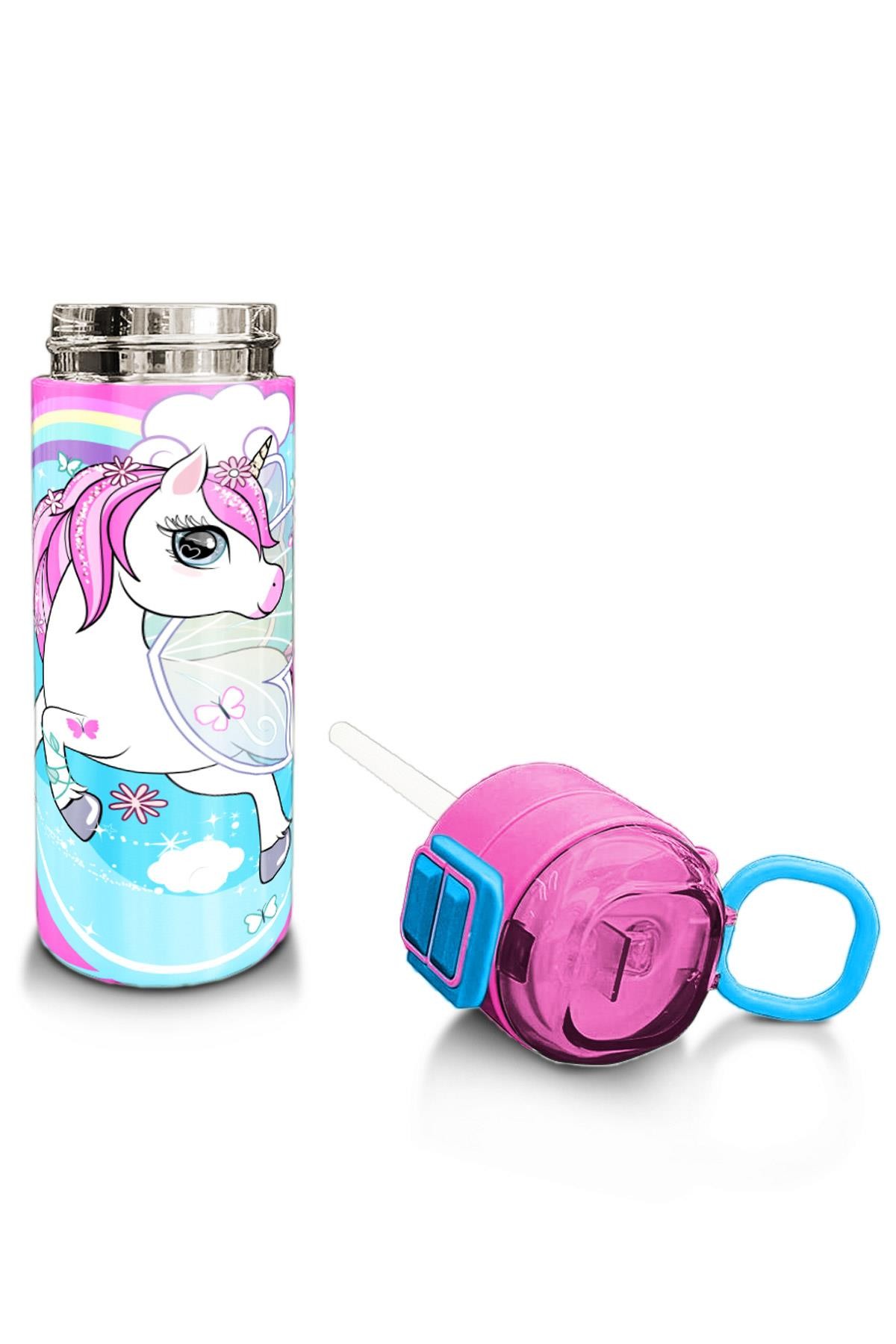 Coral High Kids Mavi Neon Pembe Unicorn Desenli Pipetli ve Direkt İçim Çelik Termos 500 ml 31925