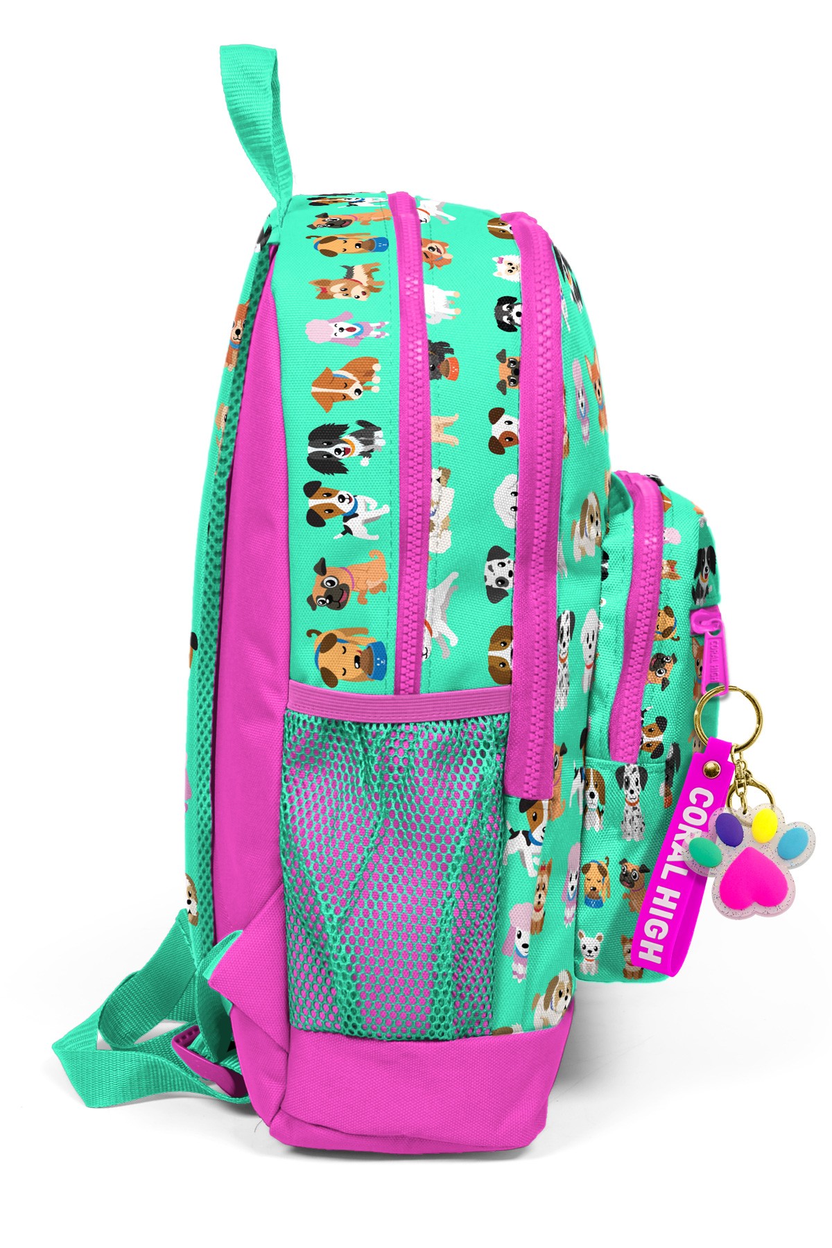 Coral High Kids Su Yeşili Neon Pembe Köpek Desenli Dört Bölmeli Okul Sırt Çantası 23465