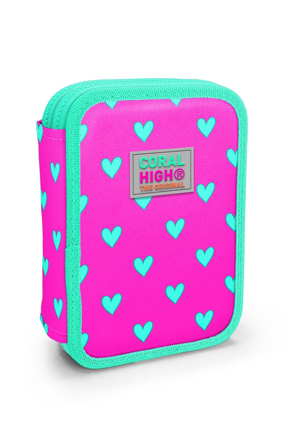 Coral High Kids Neon Pembe Su Yeşili Kalp Desenli Çift Katlı Kalem Çanta 11133