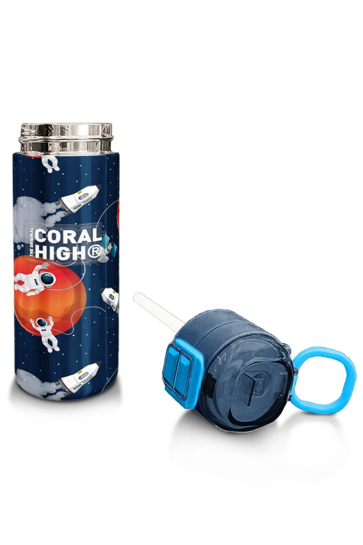 Coral High Kids Lacivert Mavi Astronot Desenli Pipetli ve Direkt İçim Çelik Termos 500 ml 31999