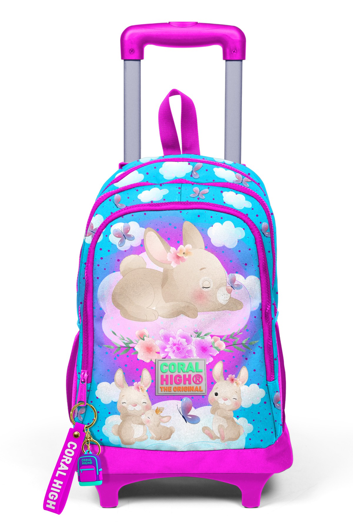 Coral High Kids Mavi Pembe Tavşan Desenli Üç Bölmeli Çekçekli Okul Sırt Çantası 23936