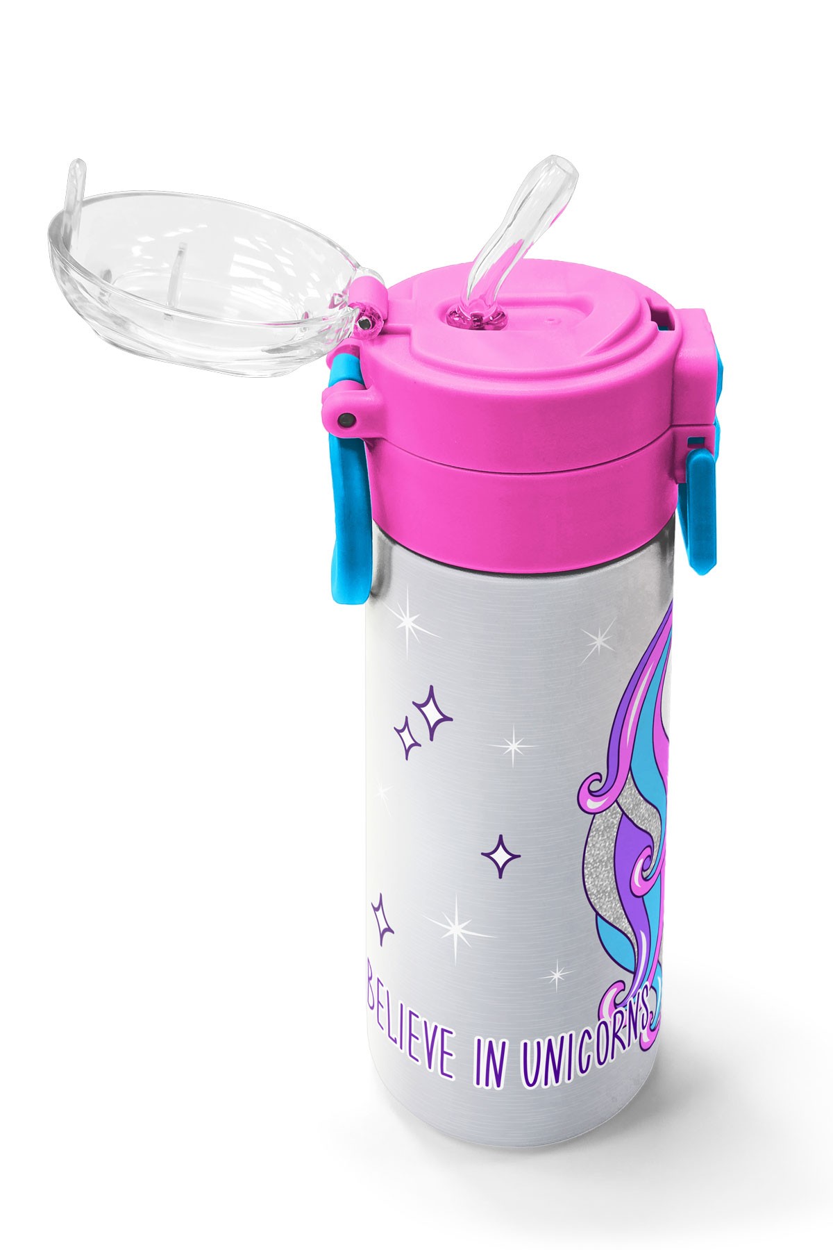 Coral High Kids Pembe Gümüş Unicorn Desenli Pipetli ve Direkt İçim Çelik Termos 500 ml 31821