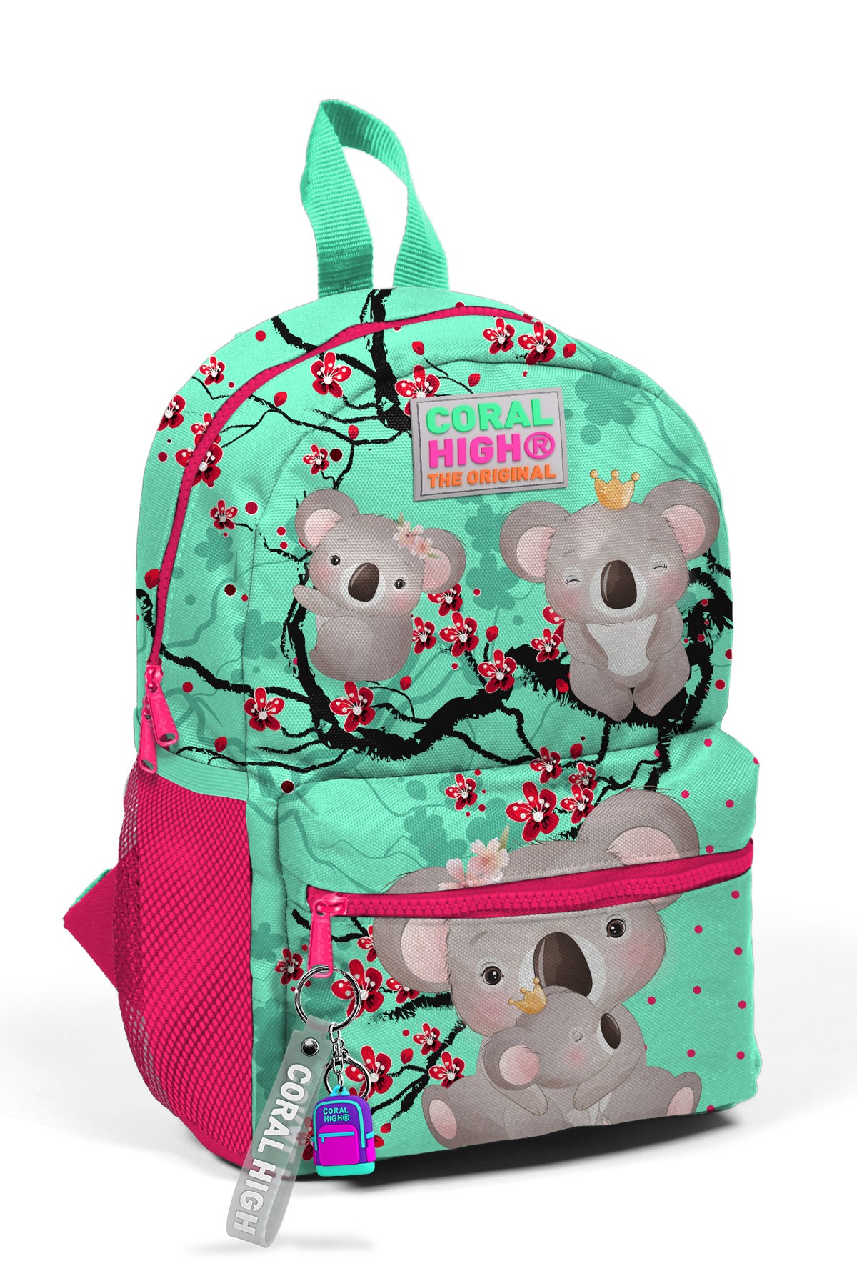 Minik Yuva Sırt Çantası Su Yeşili Neon Mercan Koala Desenli  İki Bölmeli  23513