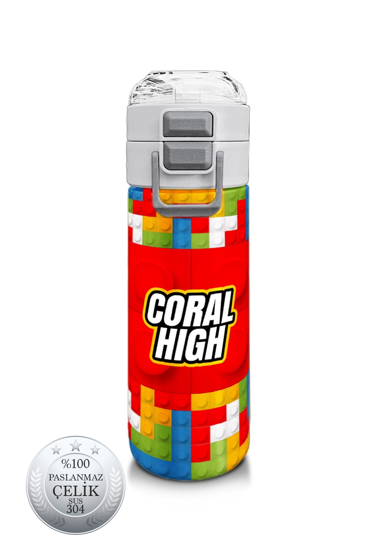 Coral High Kids Blok Desenli Pipetli ve Direkt İçim Çelik Termos 500 ml 31991