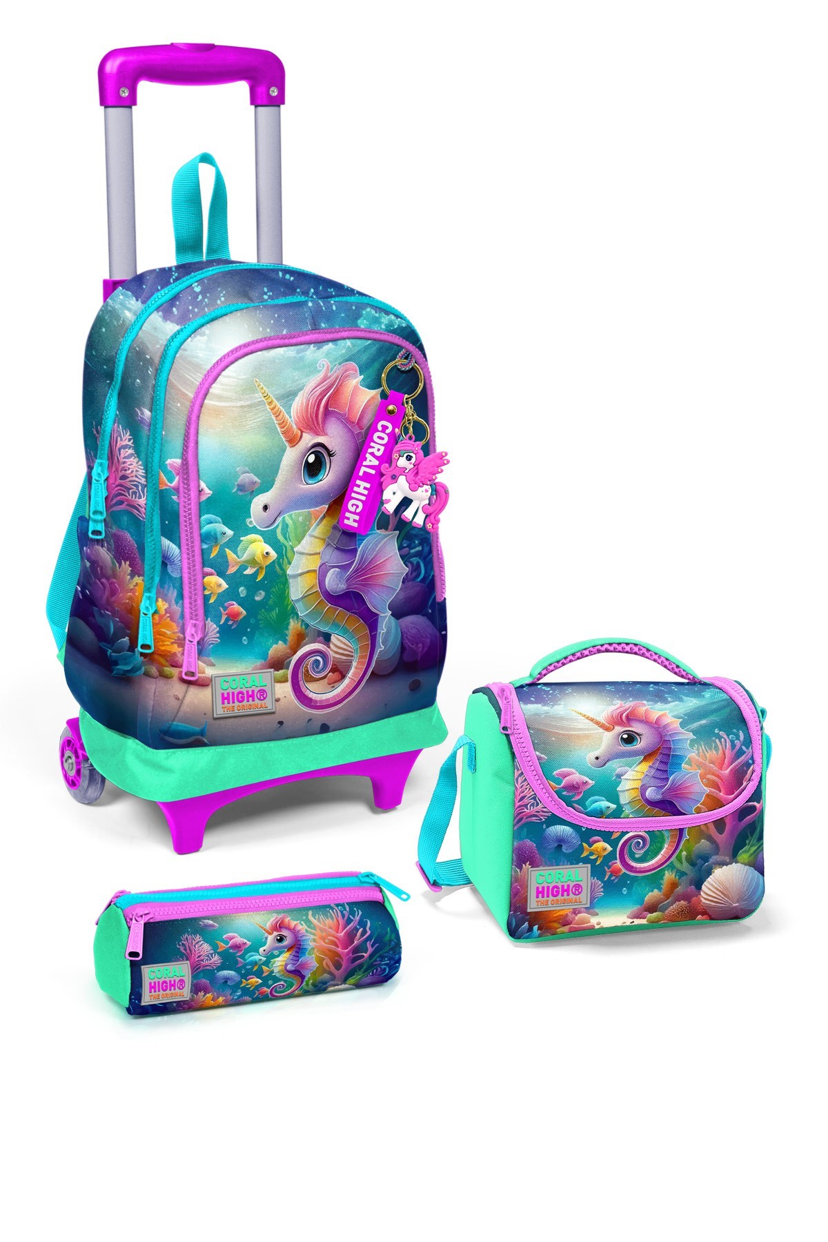 Coral High Kids Mavi Su Yeşili Denizatı Desenli 3’lü Çekçekli Okul Çanta Seti SET0123972