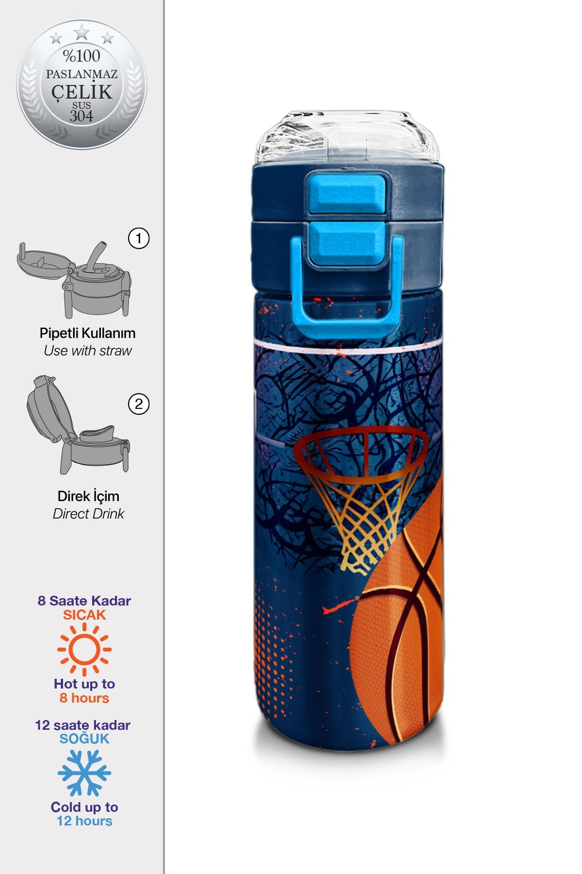 Coral High Kids Turuncu Lacivert Basketbol Desenli Pipetli ve Direkt İçim Çelik Termos 500 ml 31967