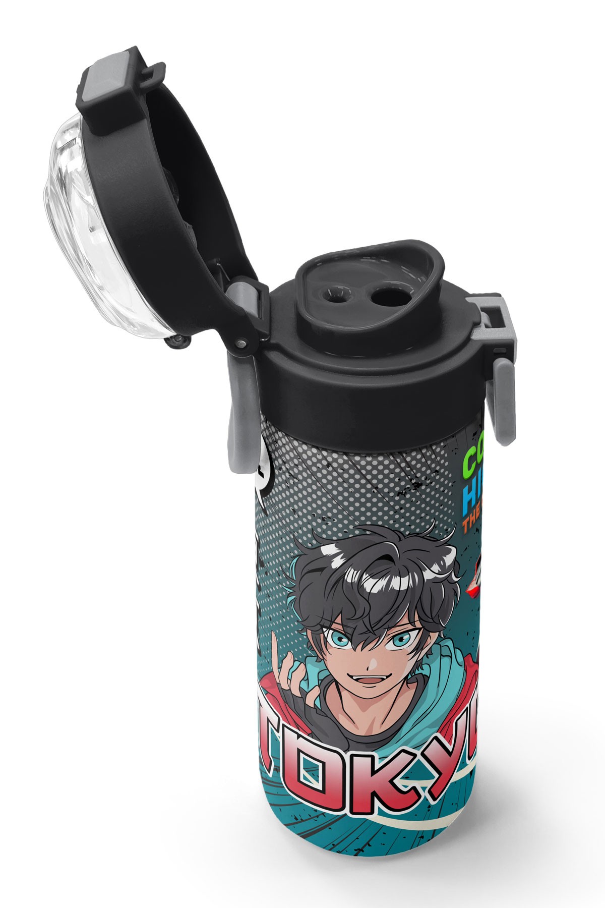 Coral High Kids Gri Nefti Anime Motorsiklet Desenli Pipetli ve Direkt İçim Çelik Termos 500 ml 31965